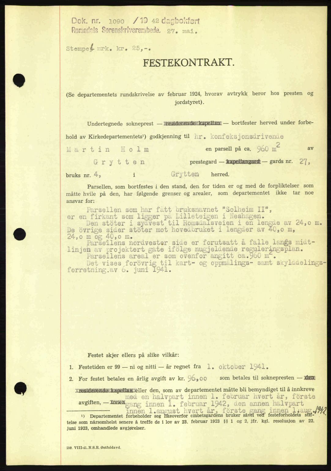 Romsdal sorenskriveri, AV/SAT-A-4149/1/2/2C: Mortgage book no. A12, 1942-1942, Diary no: : 1090/1942