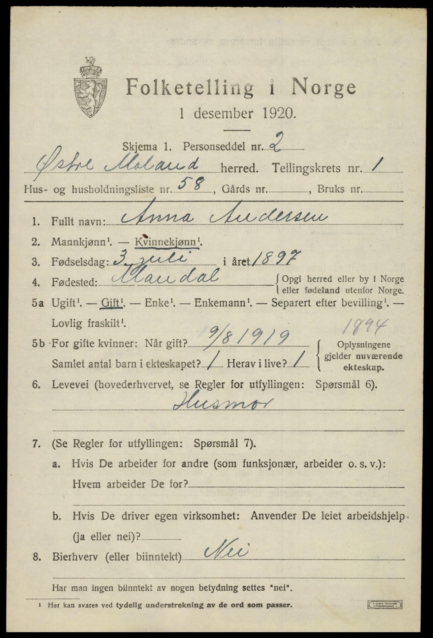 SAK, 1920 census for Austre Moland, 1920, p. 1239