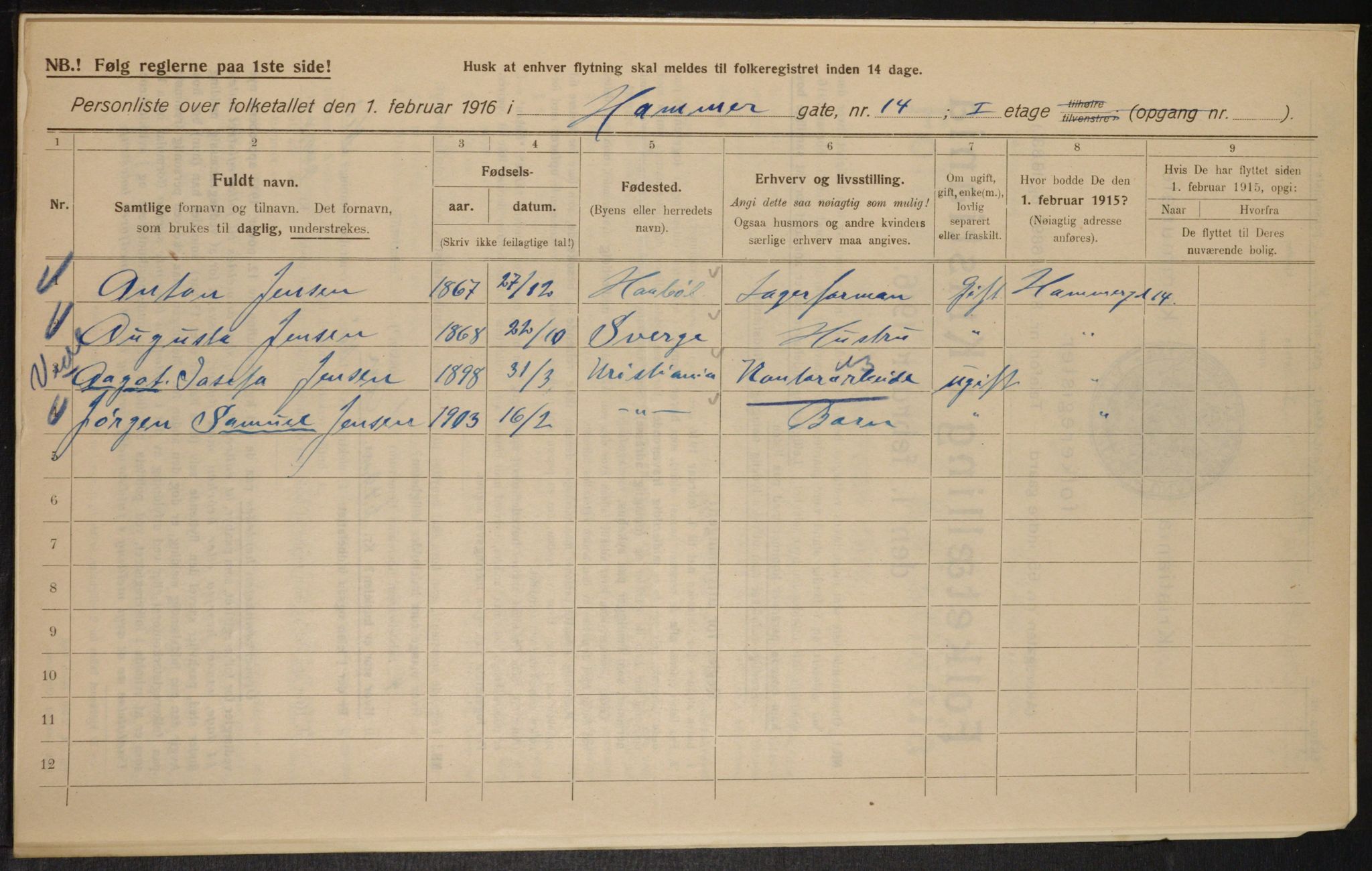 OBA, Municipal Census 1916 for Kristiania, 1916, p. 34976