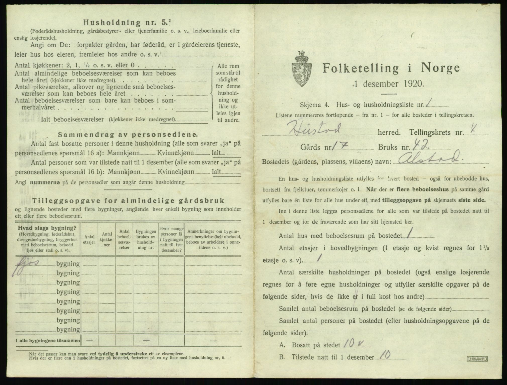 SAT, 1920 census for Hustad, 1920, p. 373