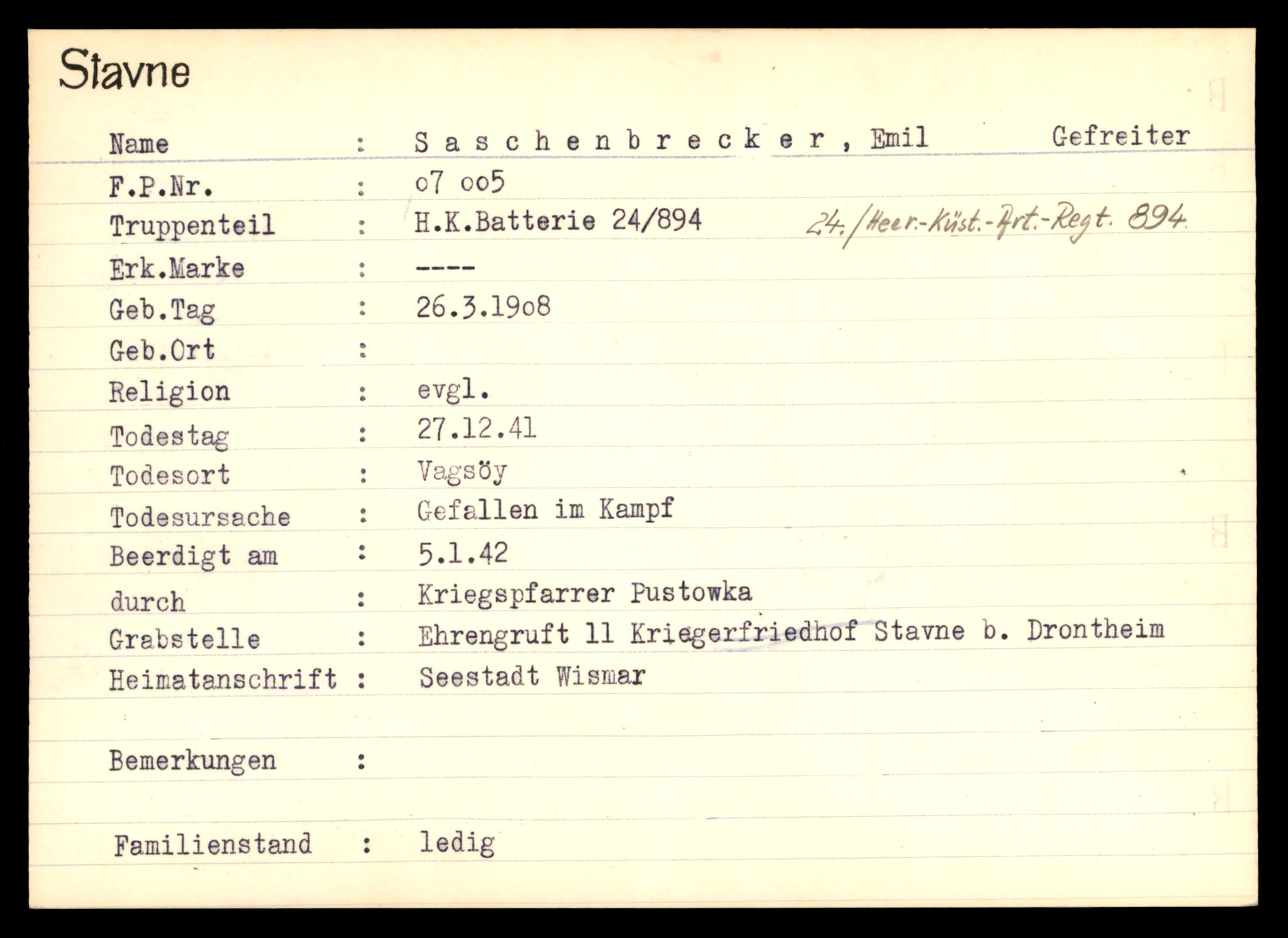 Distriktskontoret for krigsgraver, AV/SAT-A-5030/E/L0003: Kasett/kartotek over tysk Krigskirkegård Stavne, 1945, p. 1185