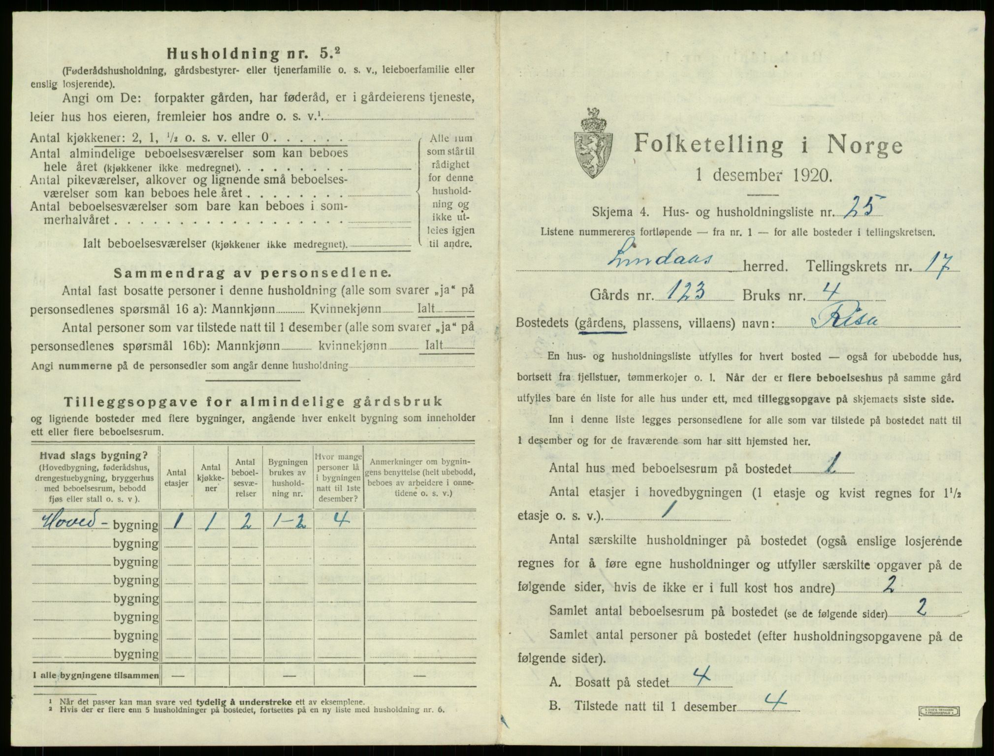 SAB, 1920 census for Lindås, 1920, p. 1269