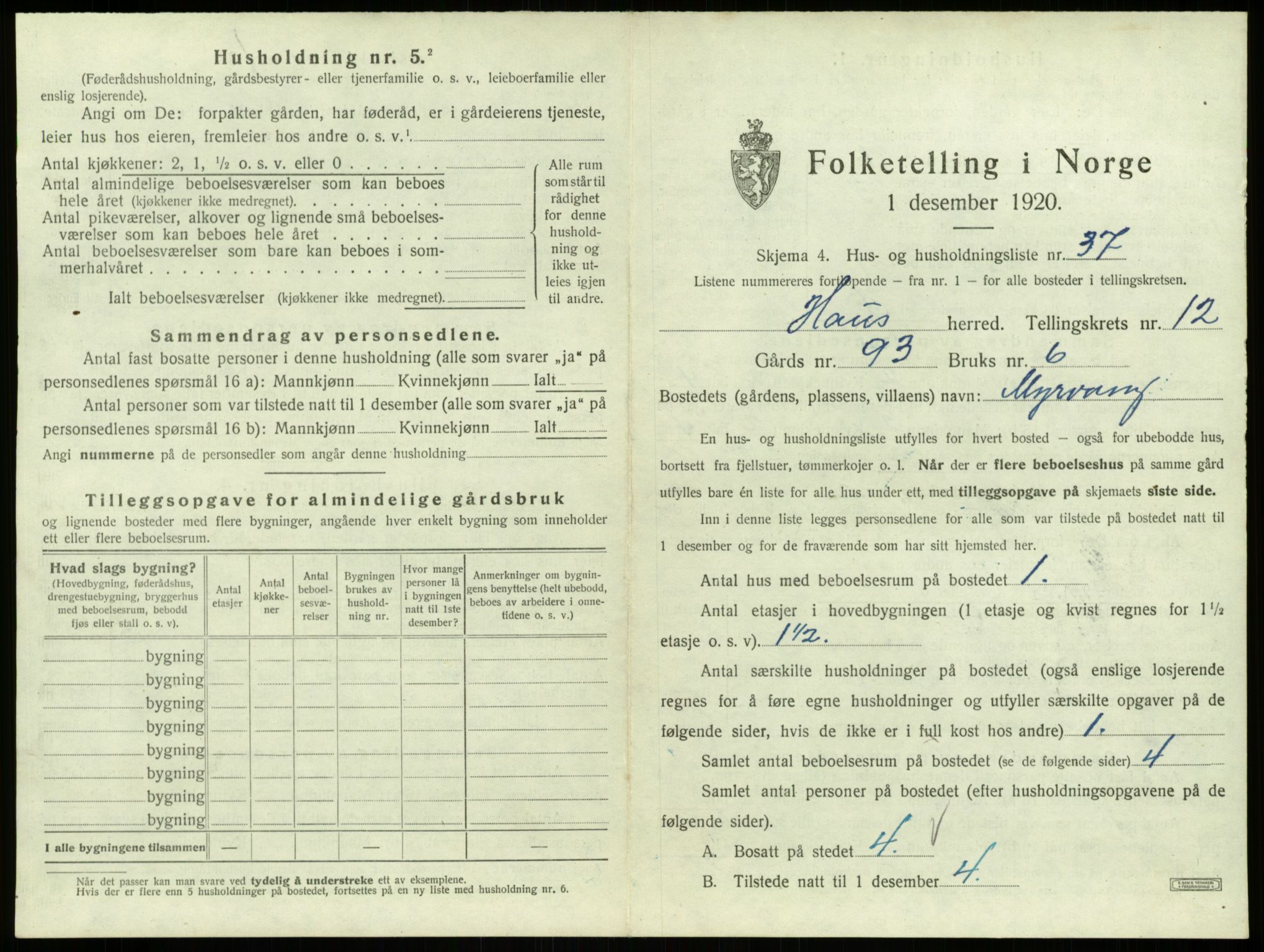 SAB, 1920 census for Haus, 1920, p. 1006