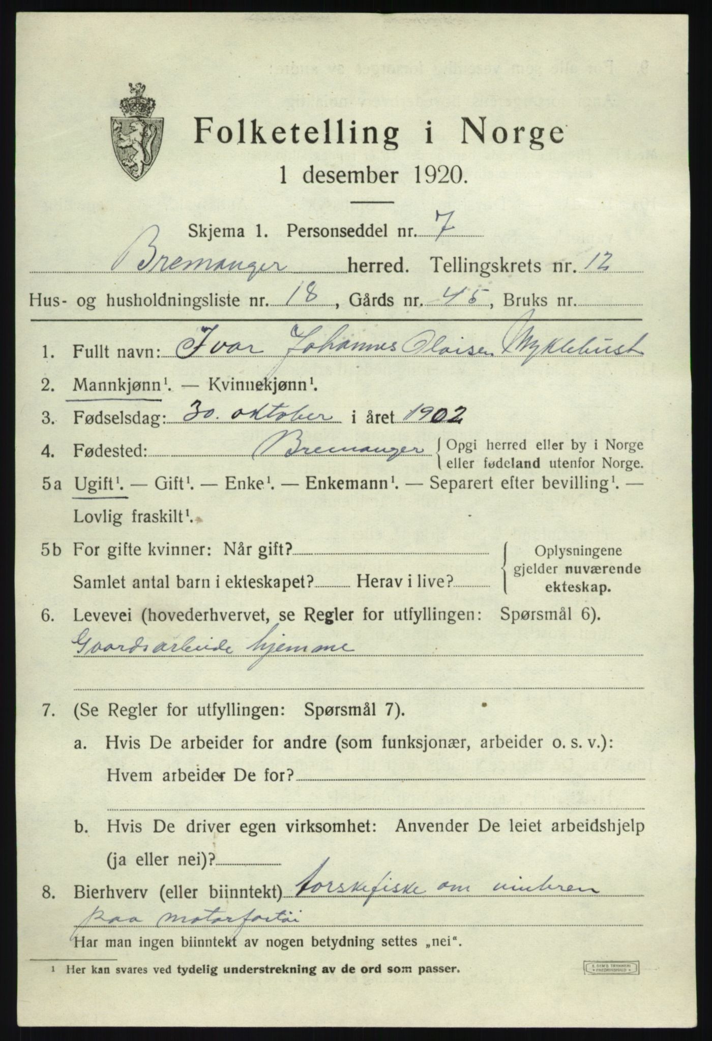 SAB, 1920 census for Bremanger, 1920, p. 6748