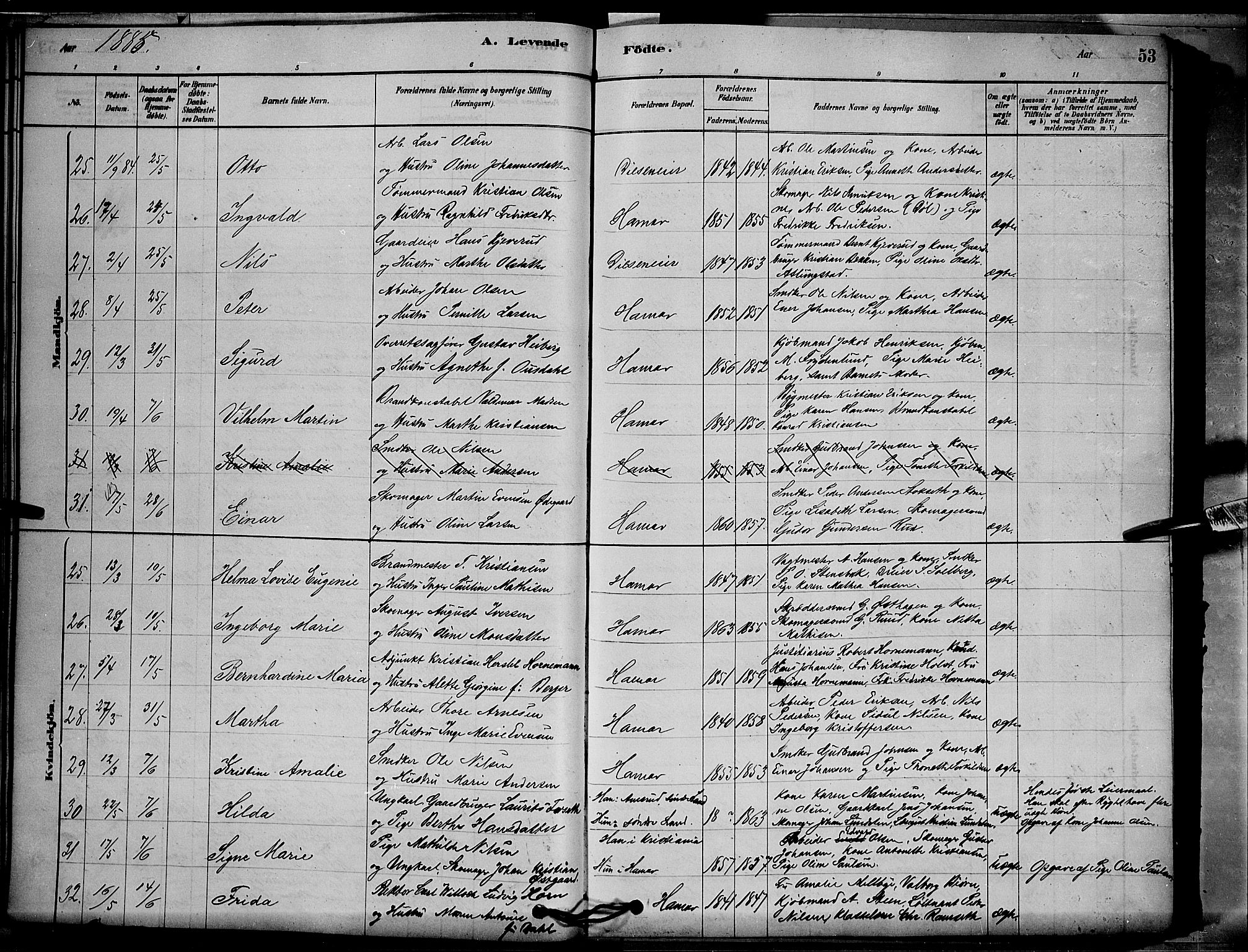 Vang prestekontor, Hedmark, SAH/PREST-008/H/Ha/Hab/L0012: Parish register (copy) no. 12, 1878-1889, p. 53