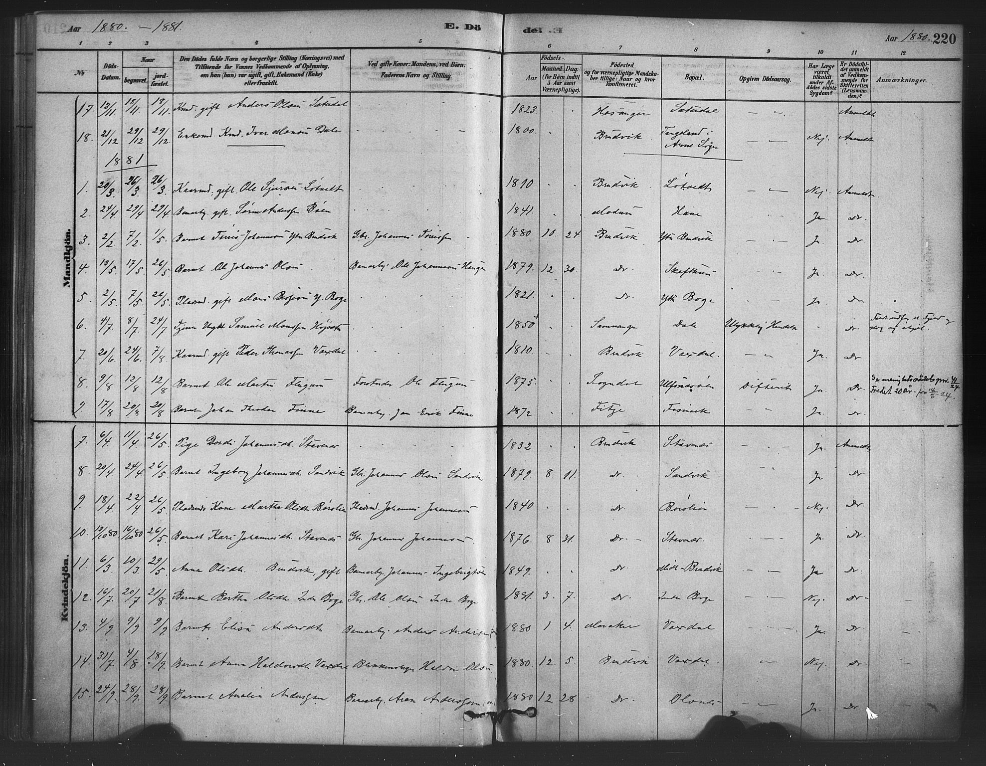 Bruvik Sokneprestembete, SAB/A-74701/H/Haa: Parish register (official) no. B 1, 1878-1904, p. 220