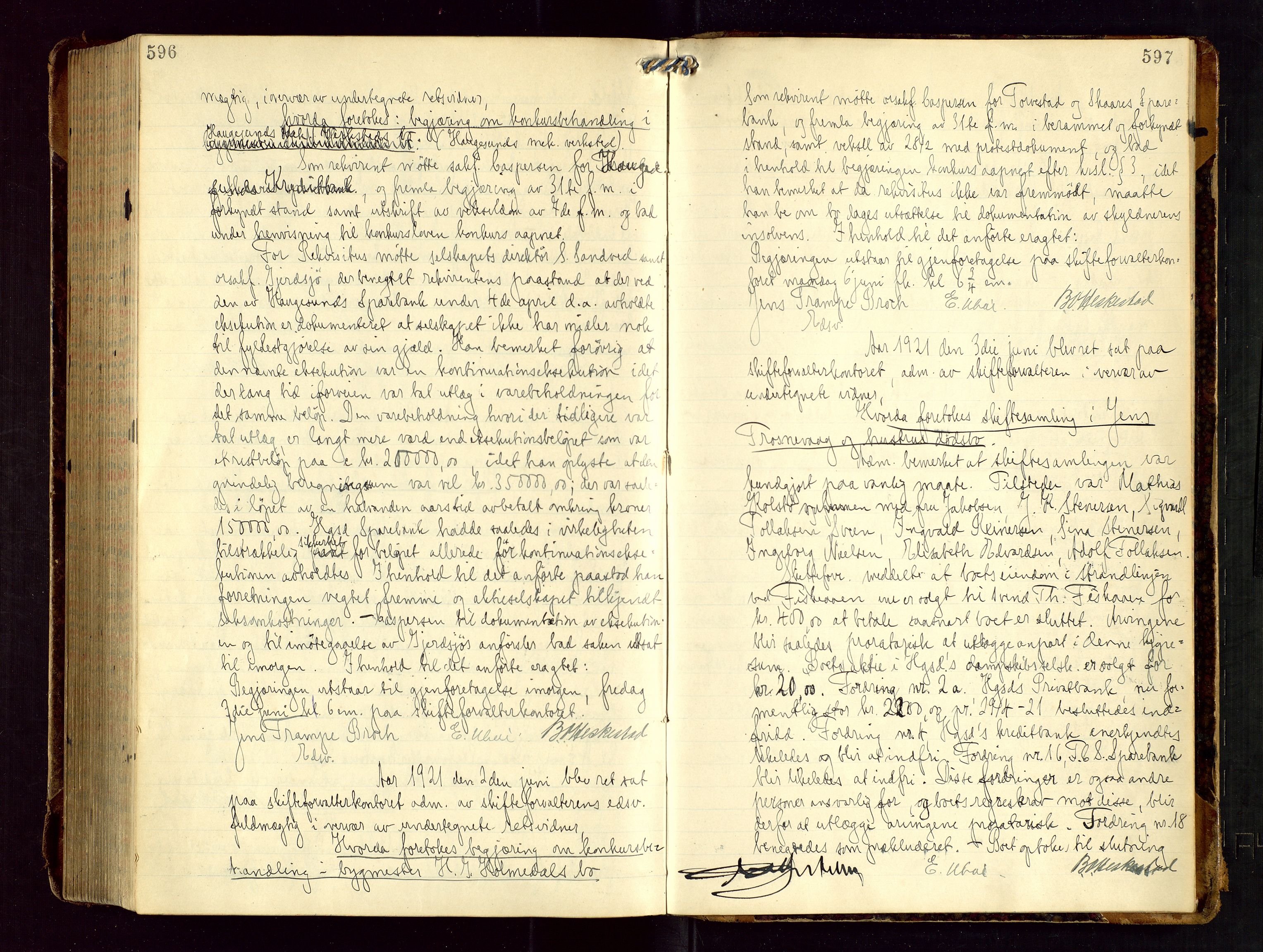 Haugesund tingrett, AV/SAST-A-101415/01/IV/IVC/L0002: Skifteforhandlingsprotokoll, med register, 1912-1921, p. 596-597