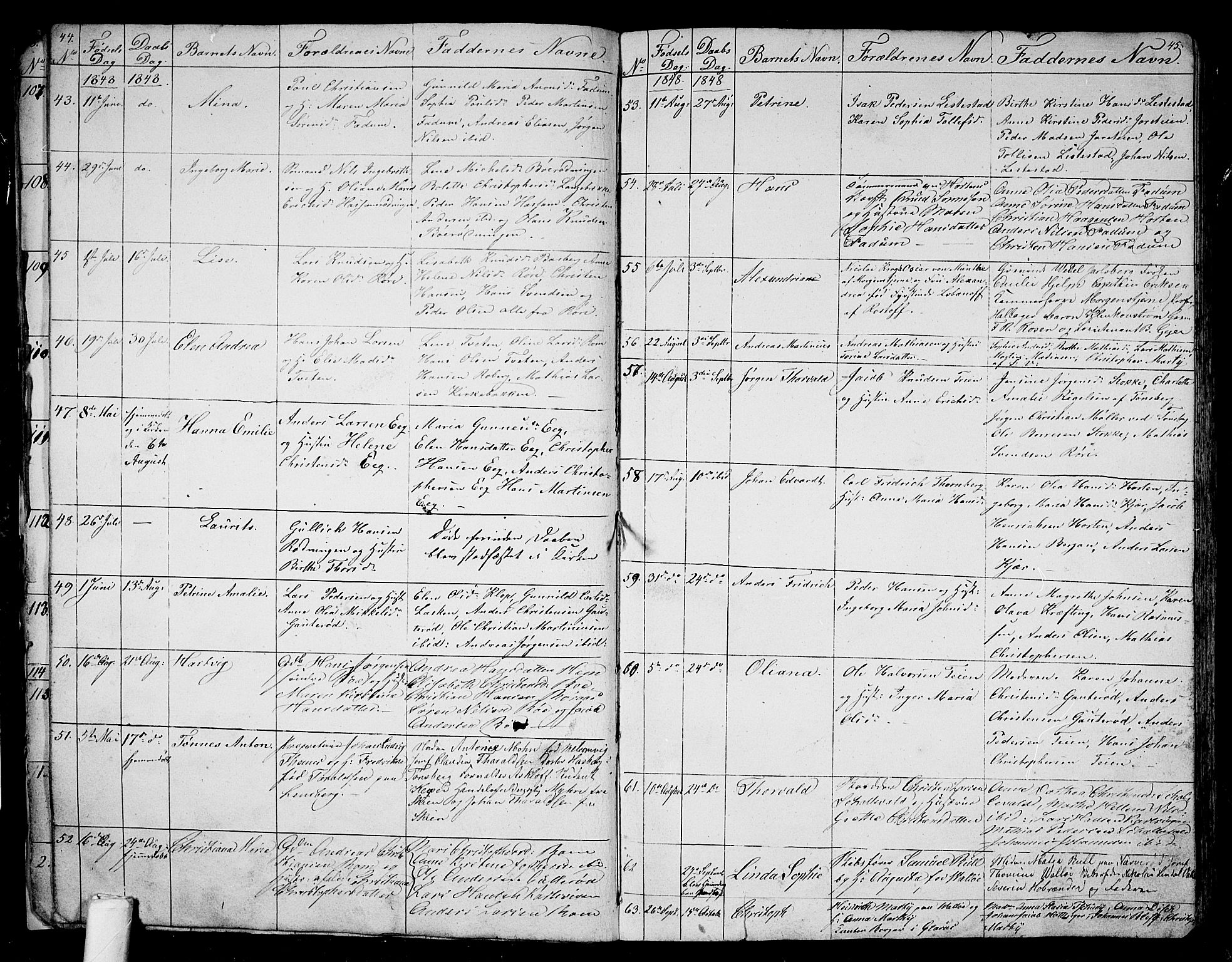 Sem kirkebøker, AV/SAKO-A-5/G/Ga/L0003: Parish register (copy) no. I 3, 1844-1855, p. 44-45