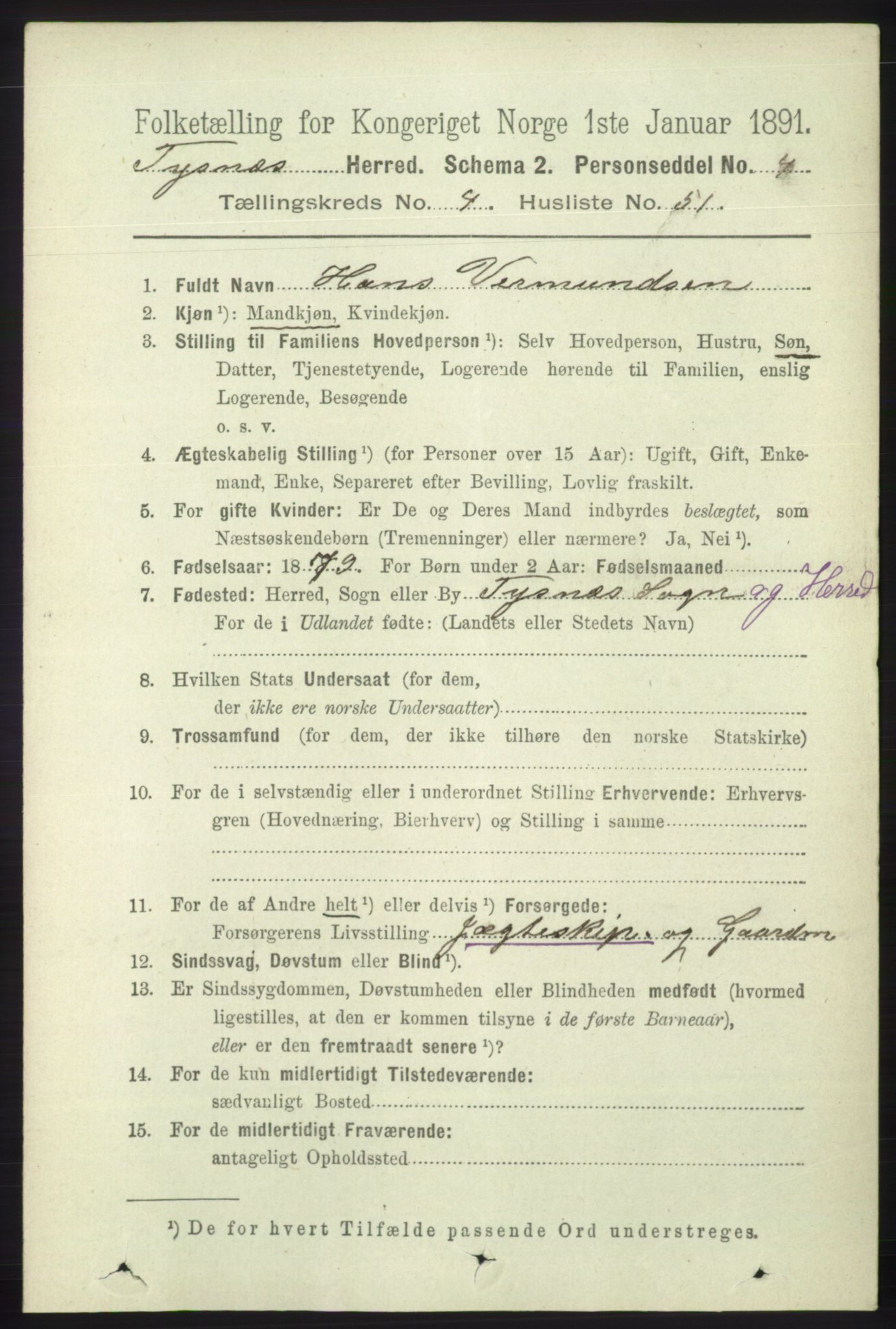 RA, 1891 census for 1223 Tysnes, 1891, p. 1830