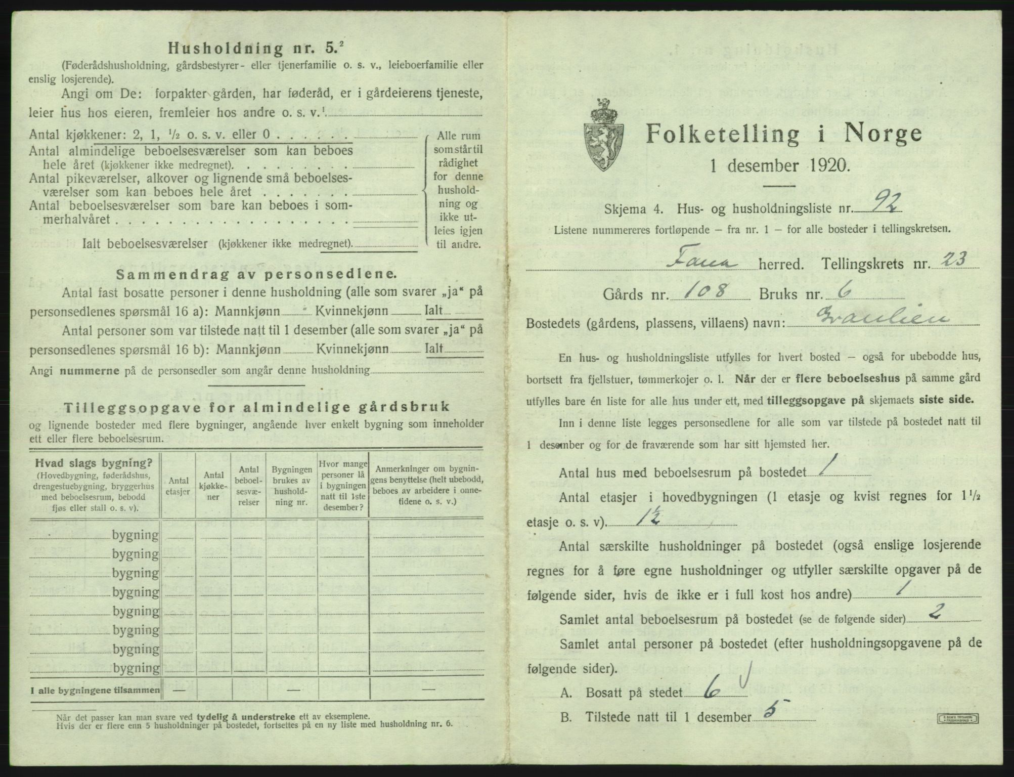 SAB, 1920 census for Fana, 1920, p. 3506