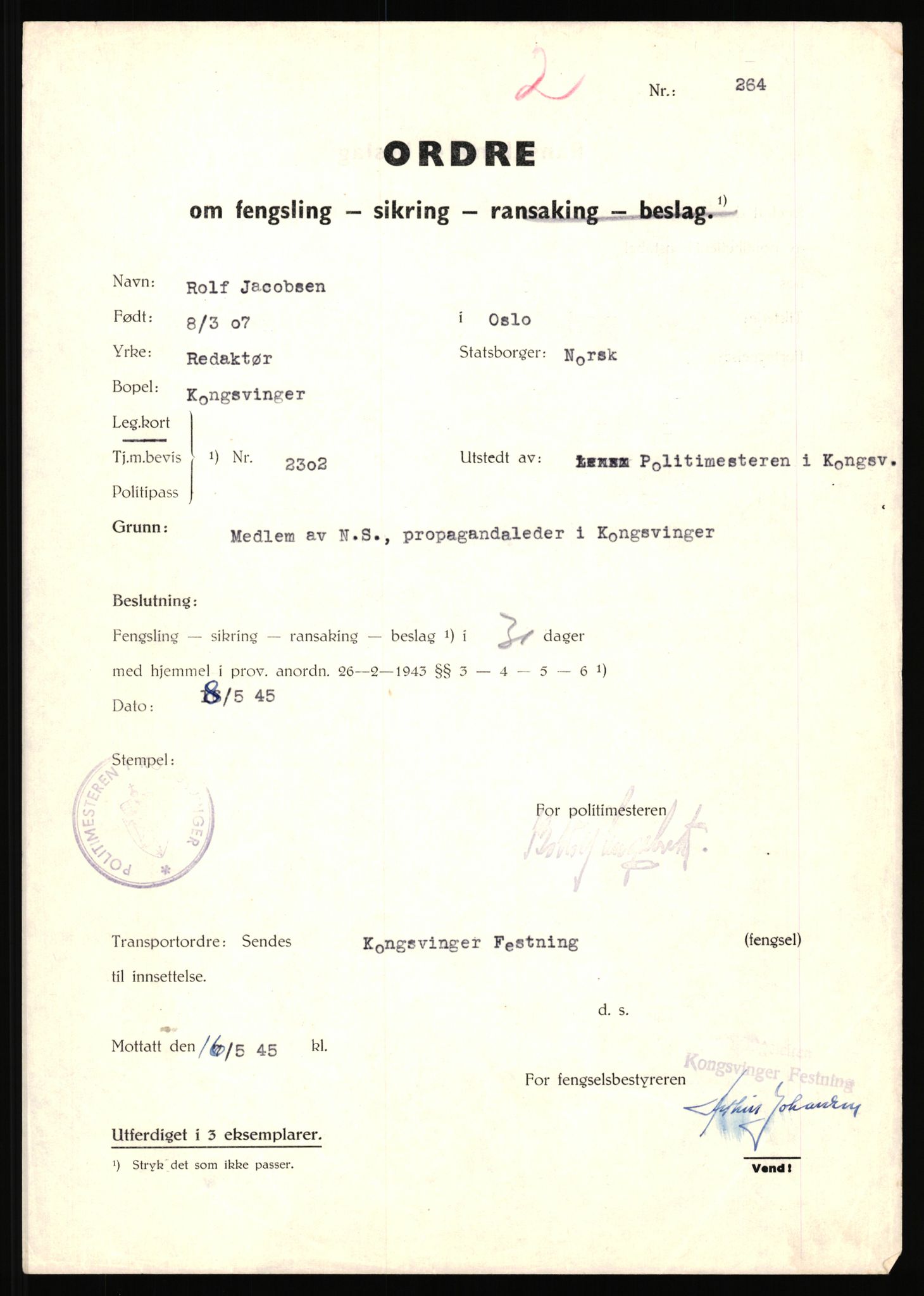 Landssvikarkivet, Kongsvinger politikammer, RA/S-3138-08/Da/L0055/0797: Saker / Anr. 555/45, 1945-1946, p. 11
