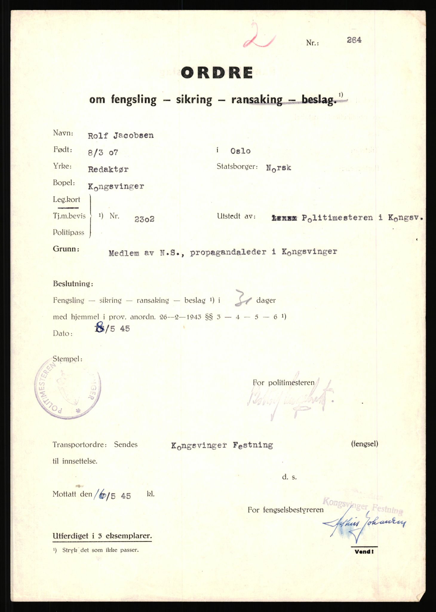 Landssvikarkivet, Kongsvinger politikammer, AV/RA-S-3138-08/Da/L0055/0797: Saker / Anr. 555/45, 1945-1946, p. 11