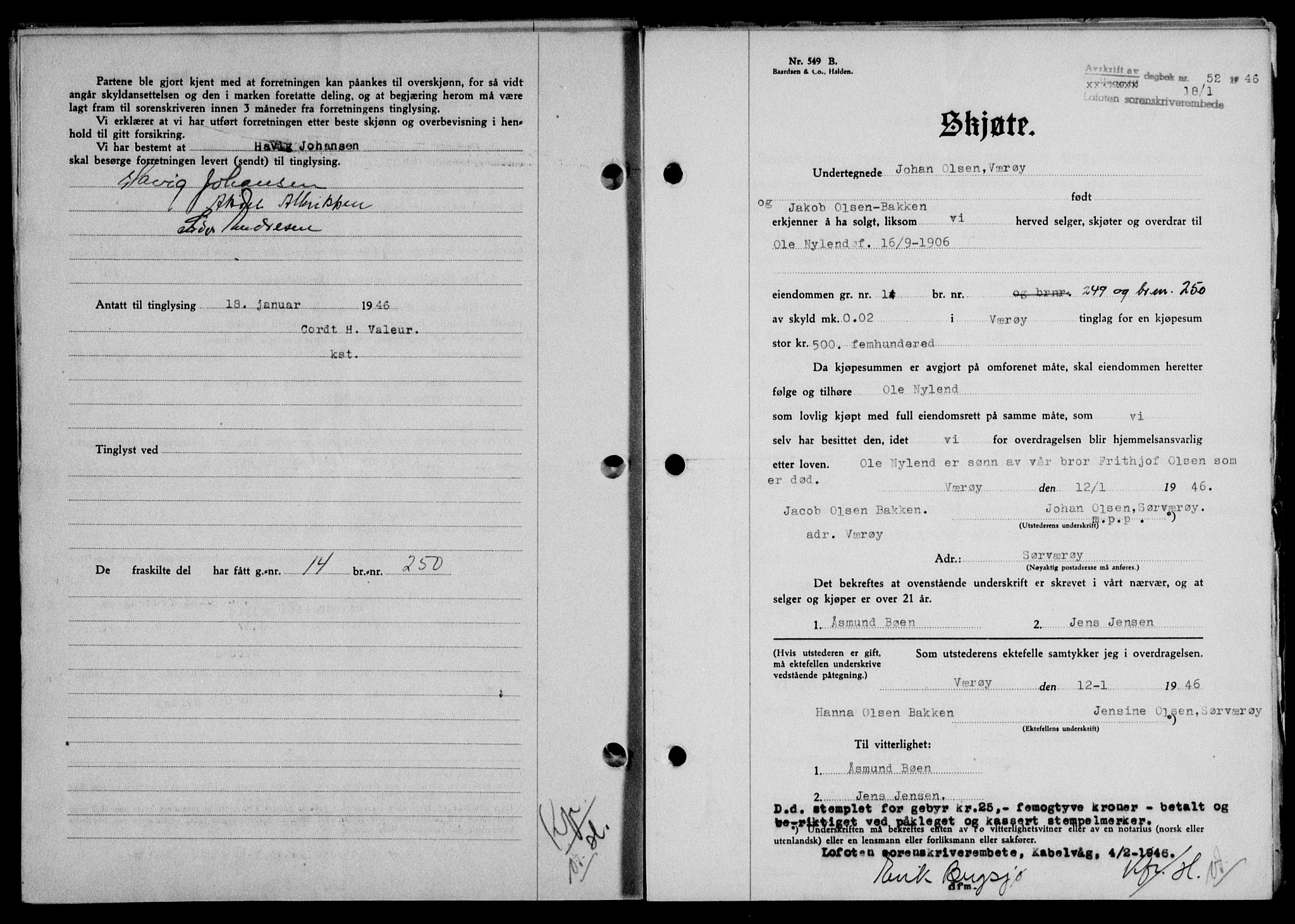 Lofoten sorenskriveri, SAT/A-0017/1/2/2C/L0013a: Mortgage book no. 13a, 1944-1946, Diary no: : 52/1946