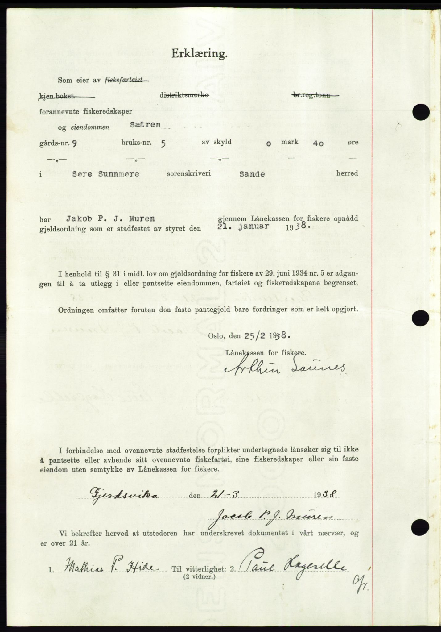 Søre Sunnmøre sorenskriveri, AV/SAT-A-4122/1/2/2C/L0065: Mortgage book no. 59, 1938-1938, Diary no: : 424/1938