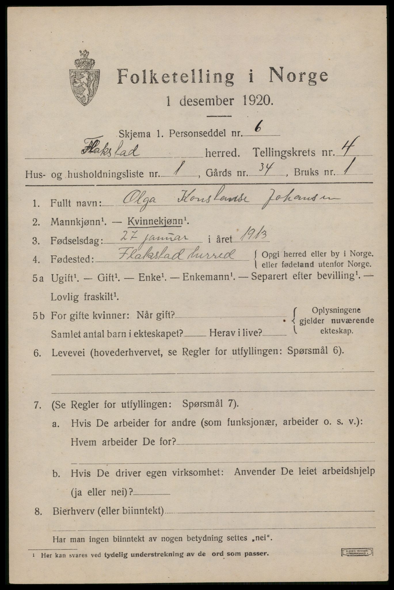 SAT, 1920 census for Flakstad, 1920, p. 2833