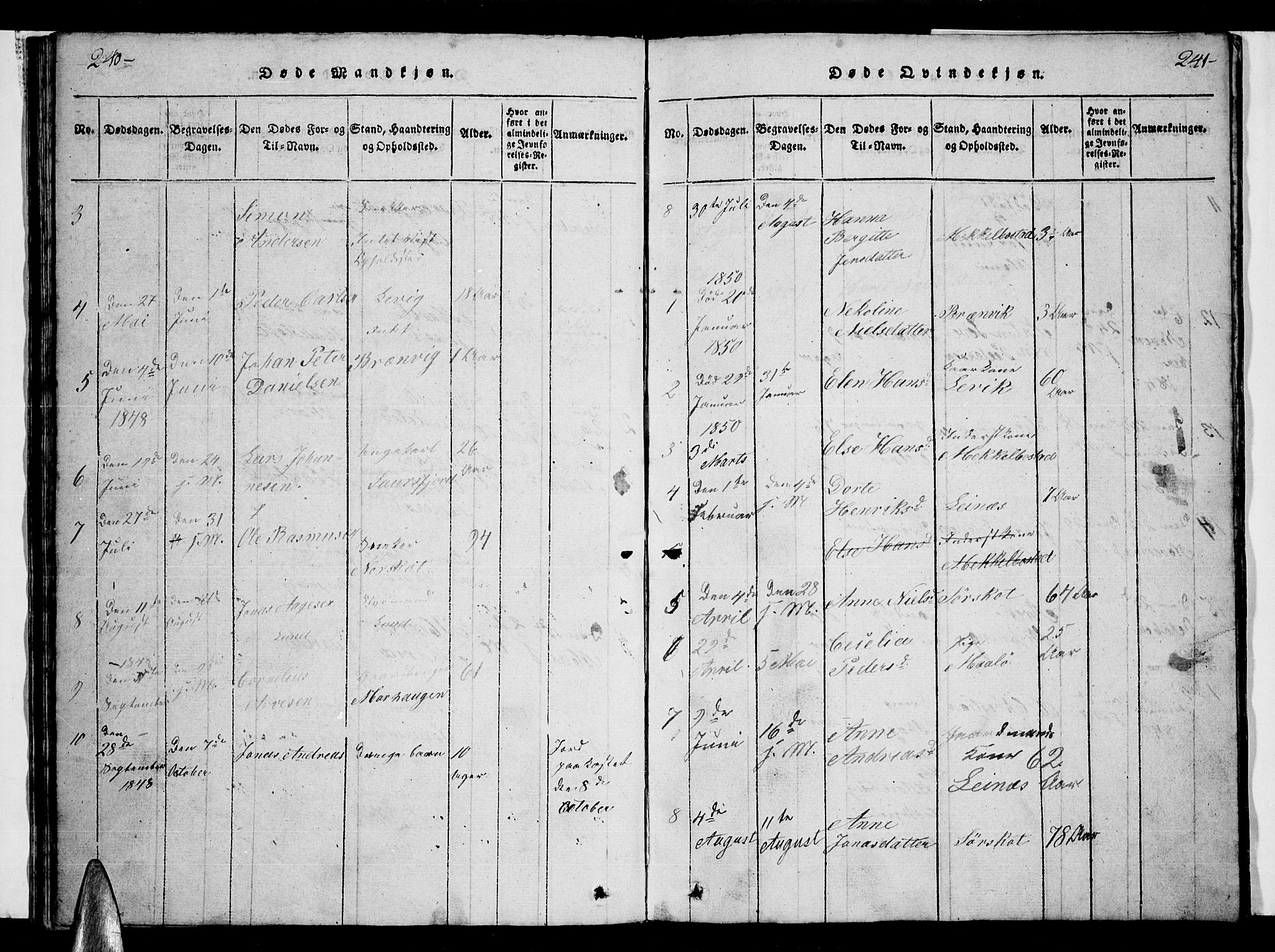 Ministerialprotokoller, klokkerbøker og fødselsregistre - Nordland, AV/SAT-A-1459/857/L0826: Parish register (copy) no. 857C01, 1821-1852, p. 240-241