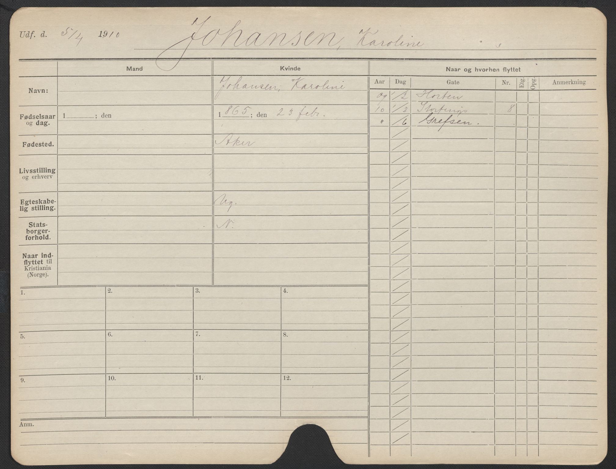 Oslo folkeregister, Registerkort, AV/SAO-A-11715/F/Fa/Fac/L0018: Kvinner, 1906-1914, p. 202a