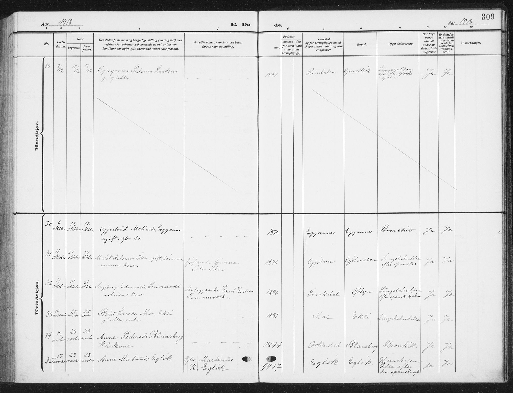 Ministerialprotokoller, klokkerbøker og fødselsregistre - Sør-Trøndelag, AV/SAT-A-1456/668/L0820: Parish register (copy) no. 668C09, 1912-1936, p. 309