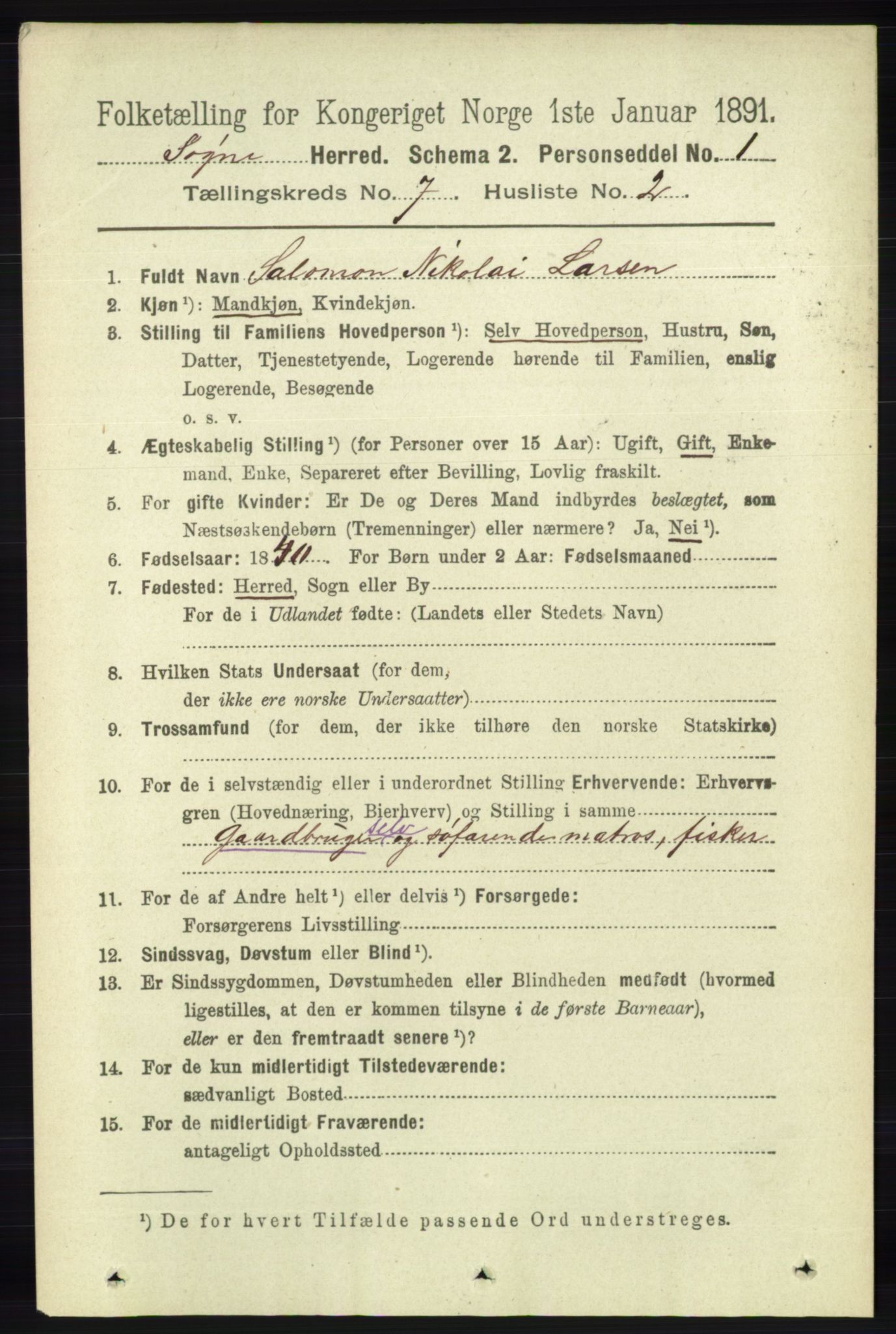 RA, 1891 census for 1018 Søgne, 1891, p. 1544