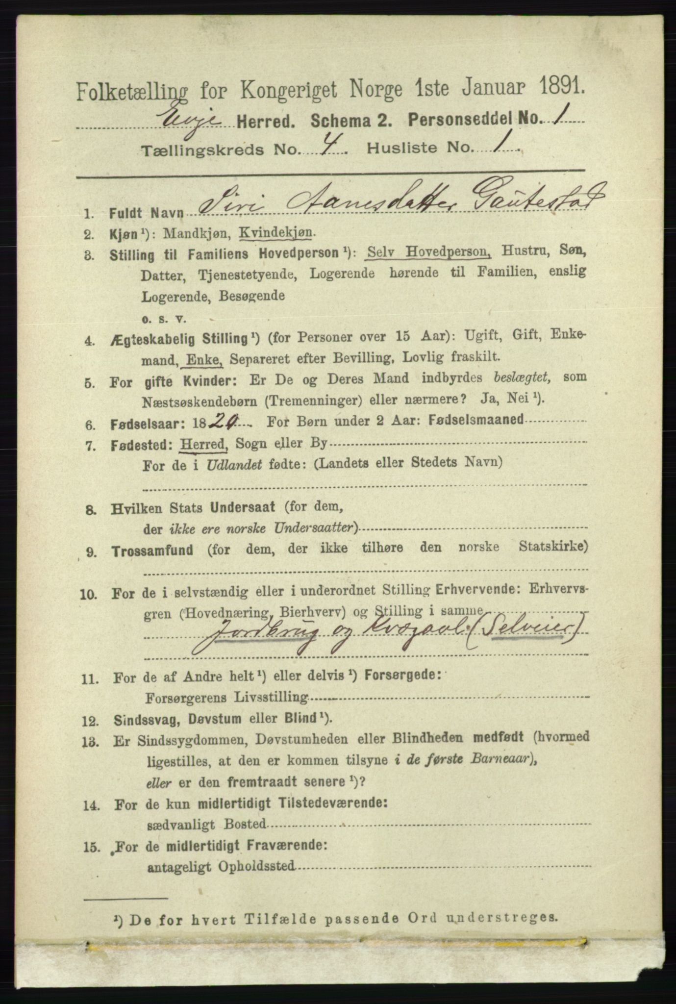 RA, 1891 census for 0937 Evje, 1891, p. 949