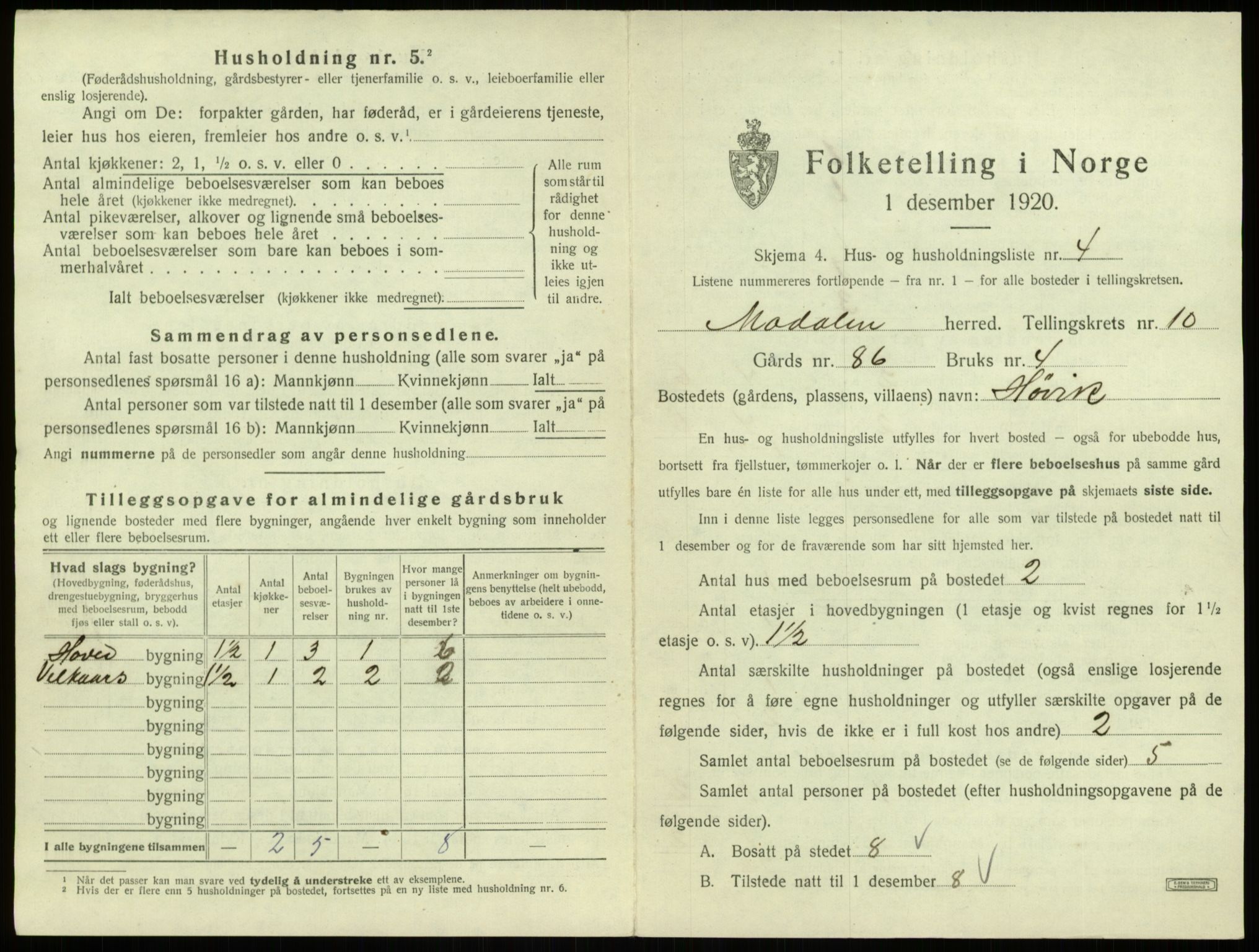 SAB, 1920 census for Modalen, 1920, p. 254