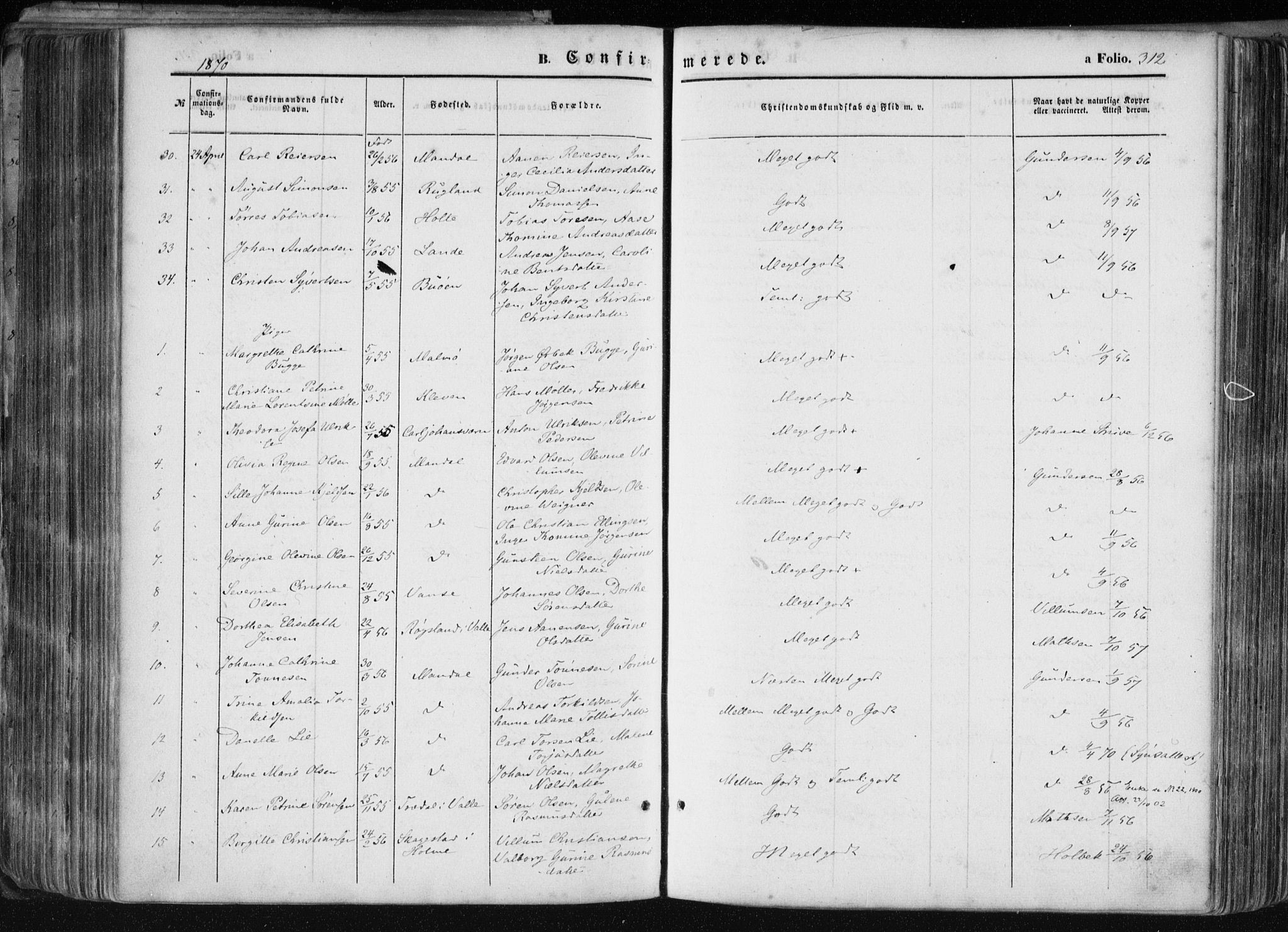 Mandal sokneprestkontor, AV/SAK-1111-0030/F/Fa/Faa/L0014: Parish register (official) no. A 14, 1859-1872, p. 312