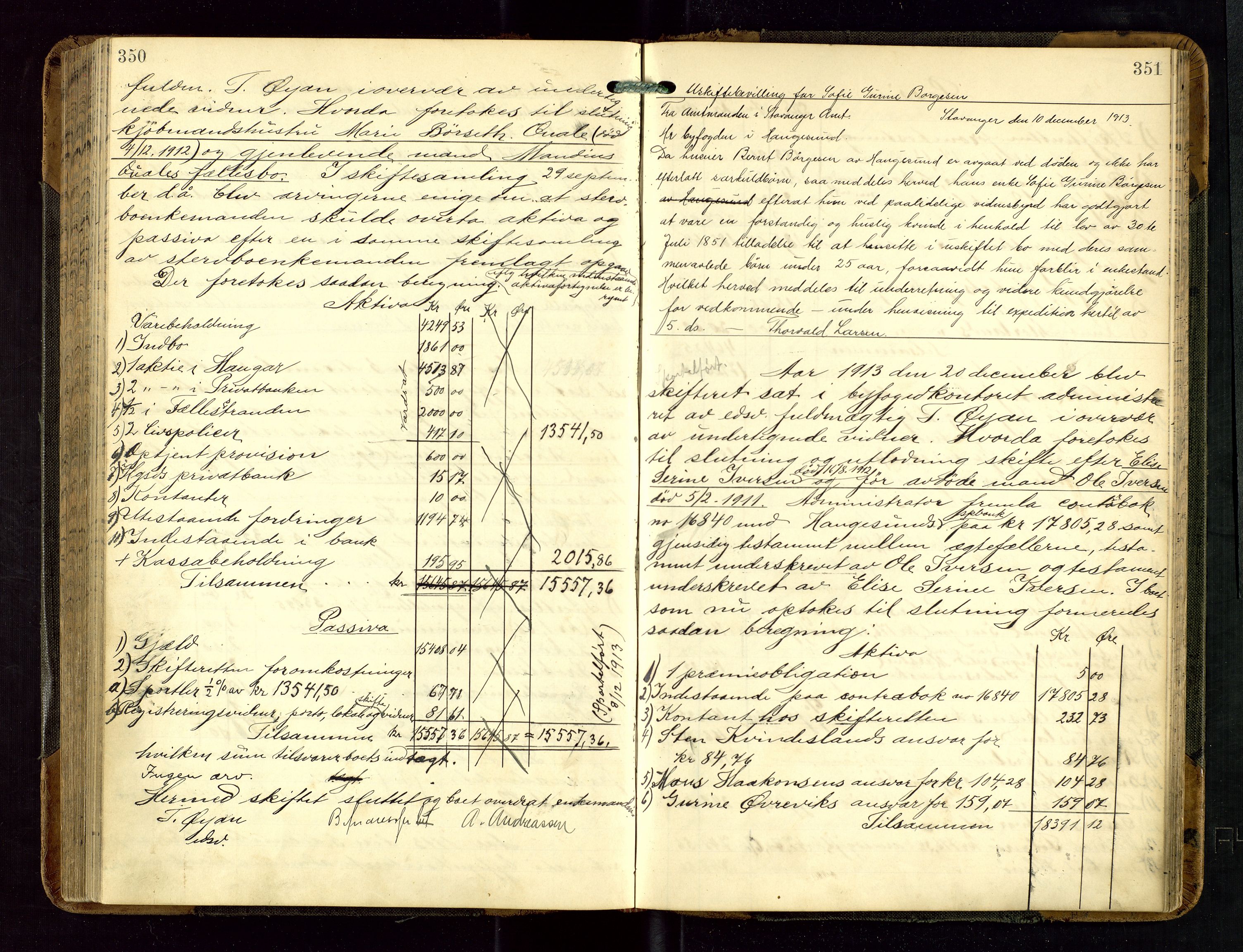 Haugesund tingrett, AV/SAST-A-101415/01/IV/IVD/L0002: Skifteutlodningsprotokoll, med register, 1904-1915, p. 350-351