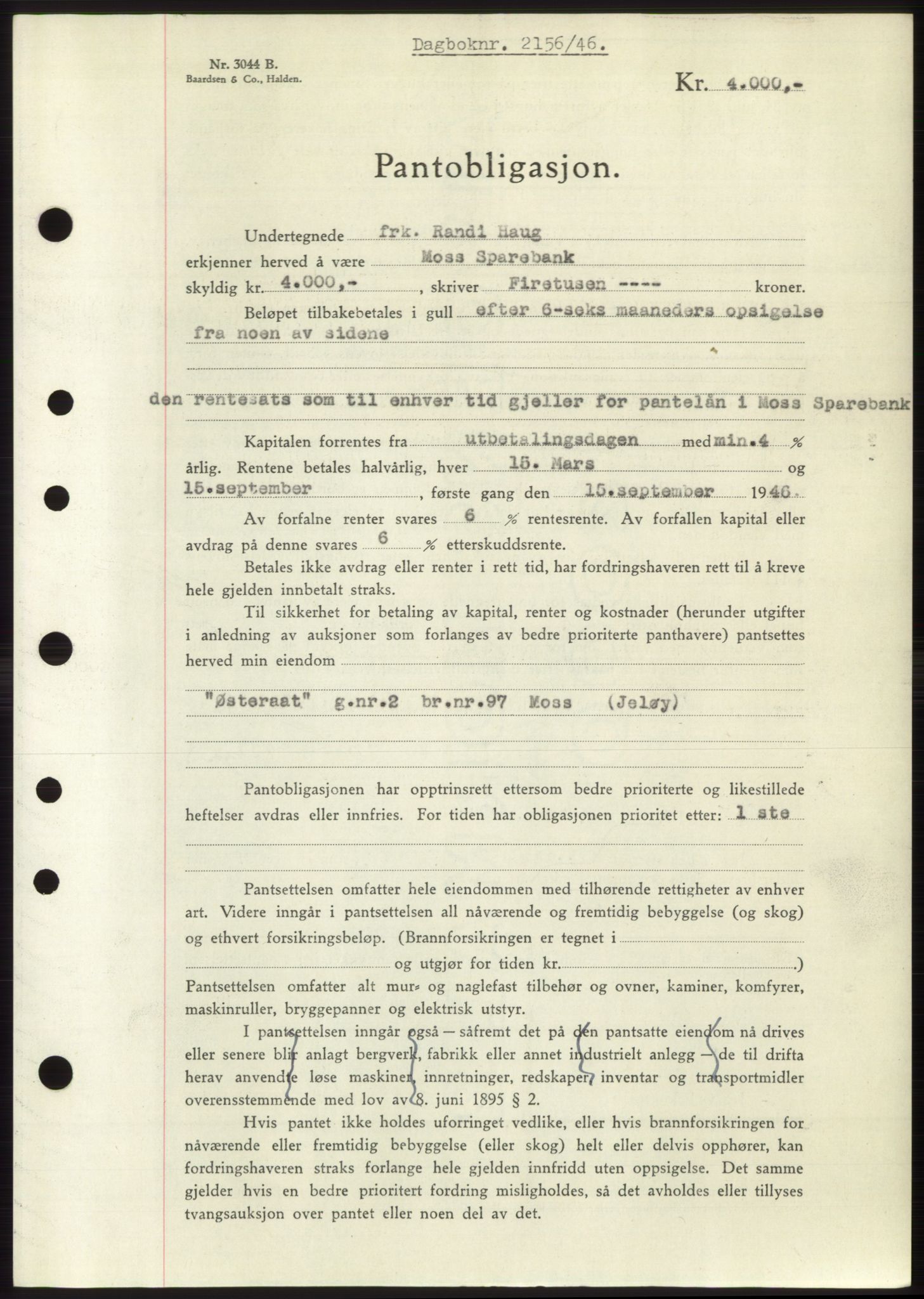 Moss sorenskriveri, AV/SAO-A-10168: Mortgage book no. B15, 1946-1946, Diary no: : 2156/1946