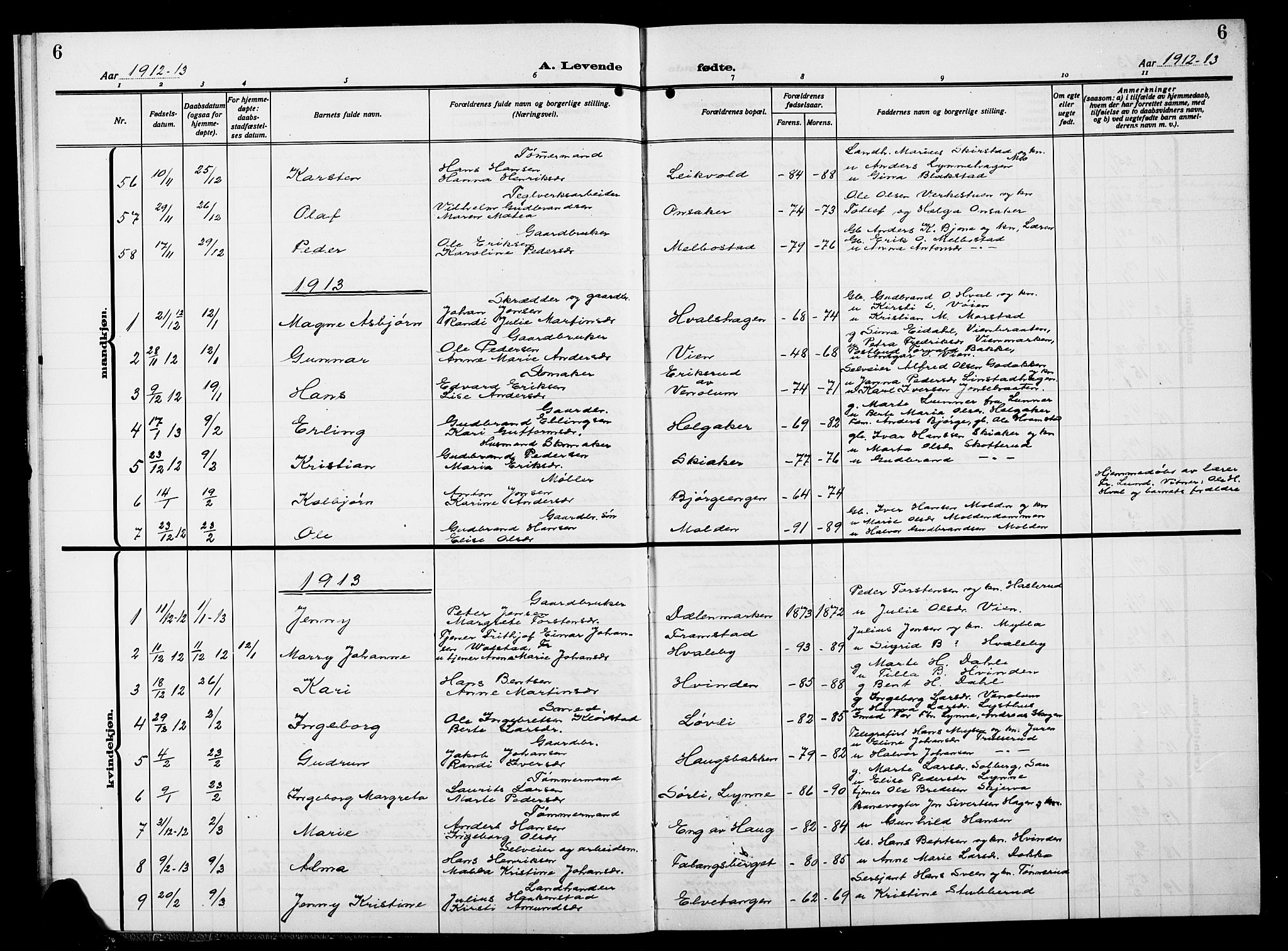 Gran prestekontor, AV/SAH-PREST-112/H/Ha/Hab/L0007: Parish register (copy) no. 7, 1912-1917, p. 6