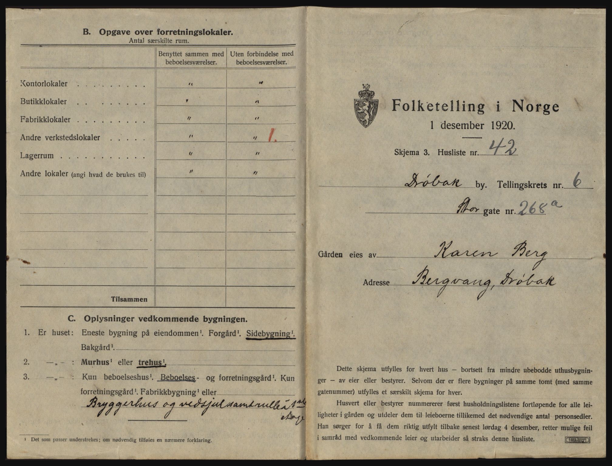 SAO, 1920 census for Drøbak, 1920, p. 603