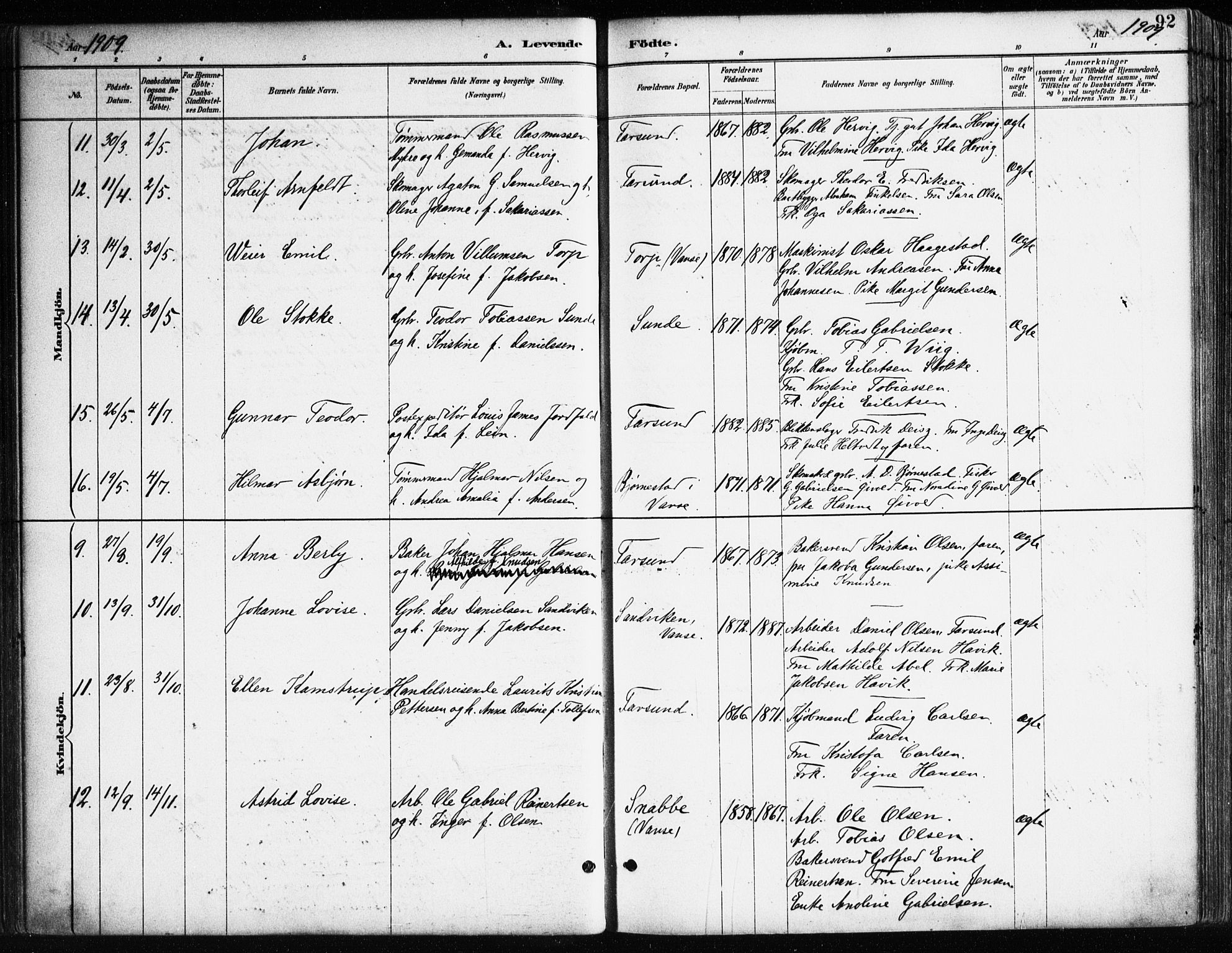 Farsund sokneprestkontor, AV/SAK-1111-0009/F/Fa/L0006: Parish register (official) no. A 6, 1887-1920, p. 92