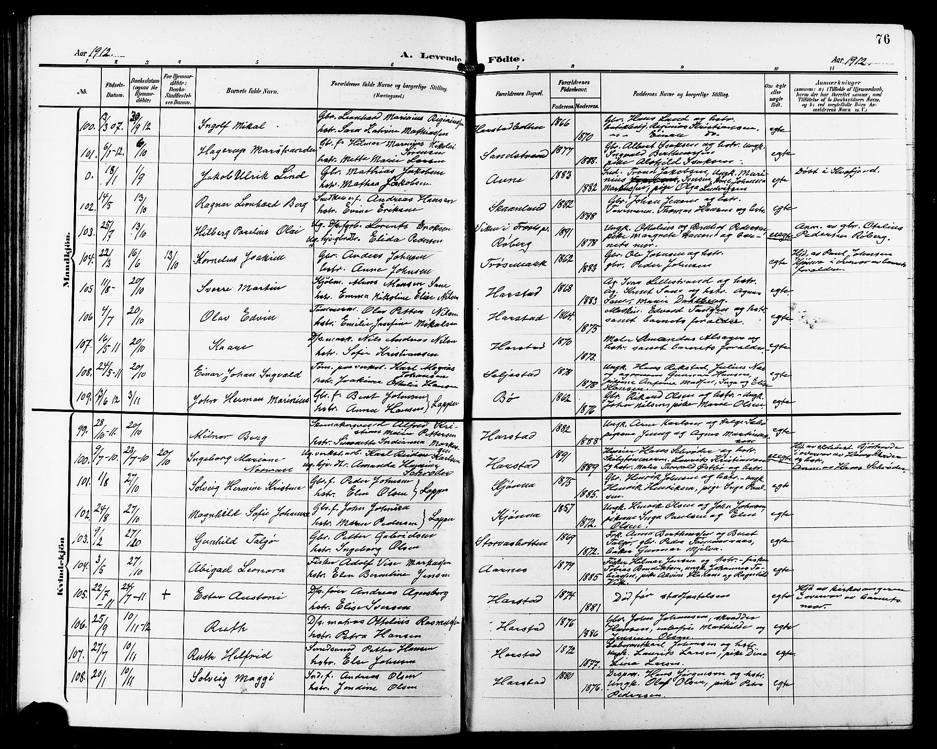 Trondenes sokneprestkontor, AV/SATØ-S-1319/H/Hb/L0012klokker: Parish register (copy) no. 12, 1907-1916, p. 76