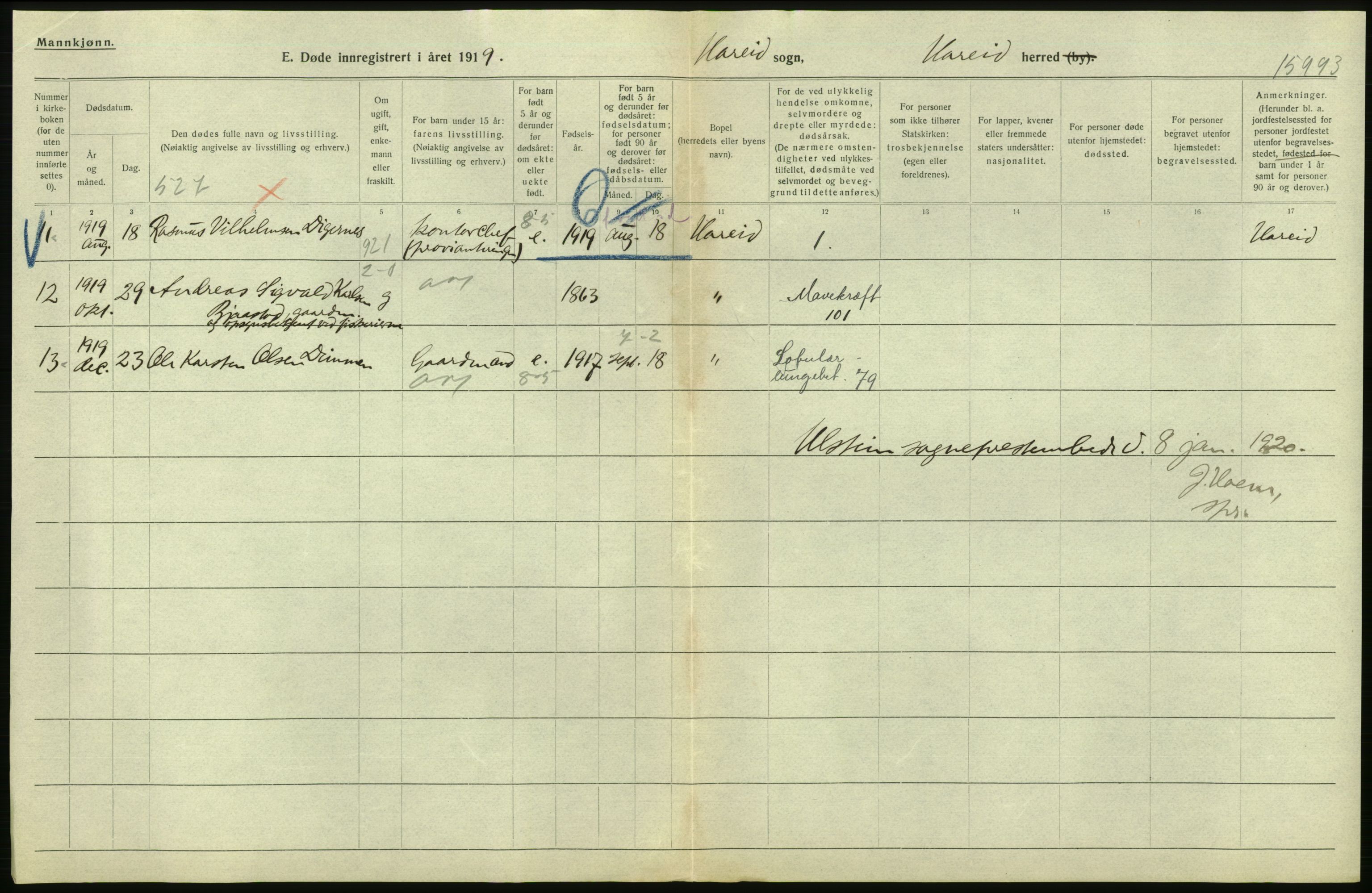 Statistisk sentralbyrå, Sosiodemografiske emner, Befolkning, AV/RA-S-2228/D/Df/Dfb/Dfbi/L0042: Møre fylke: Døde. Bygder og byer., 1919, p. 26