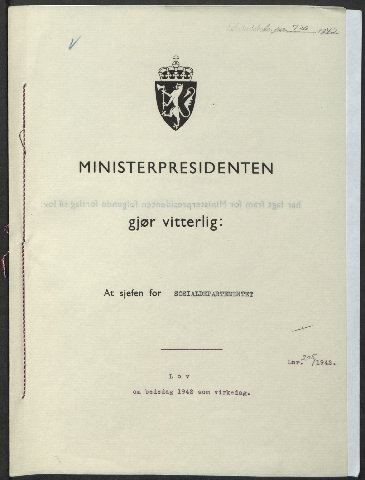 NS-administrasjonen 1940-1945 (Statsrådsekretariatet, de kommisariske statsråder mm), RA/S-4279/D/Db/L0098: Lover II, 1942, p. 444