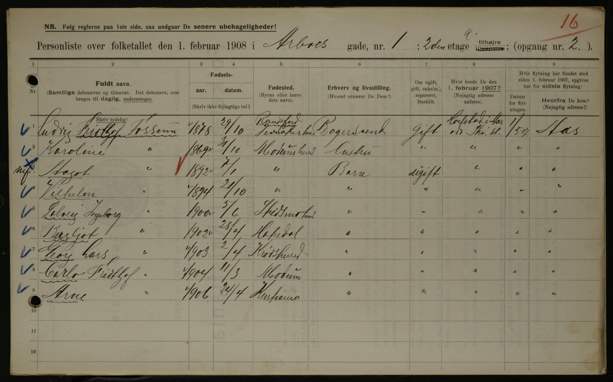 OBA, Municipal Census 1908 for Kristiania, 1908, p. 1932