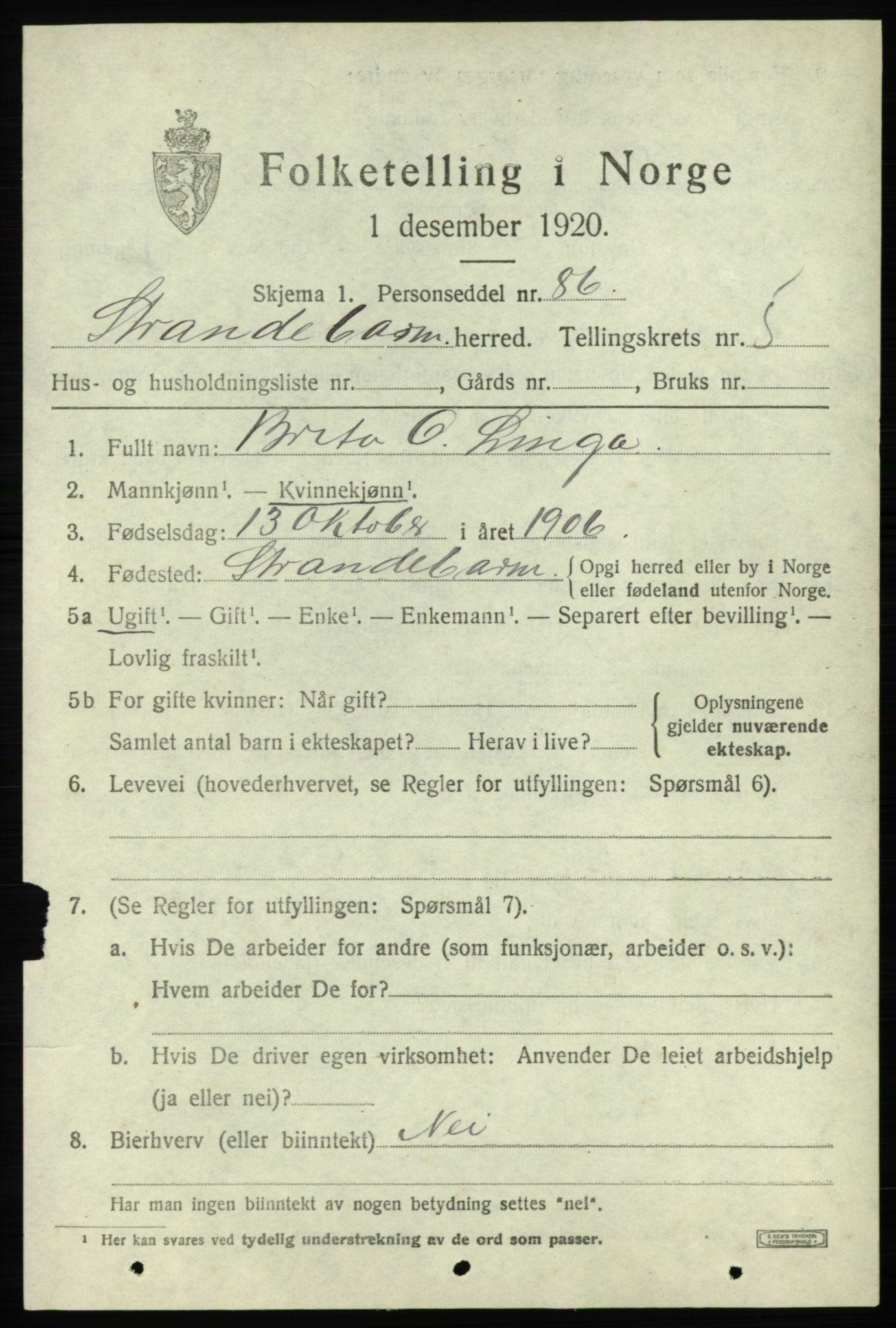 SAB, 1920 census for Strandebarm, 1920, p. 3940