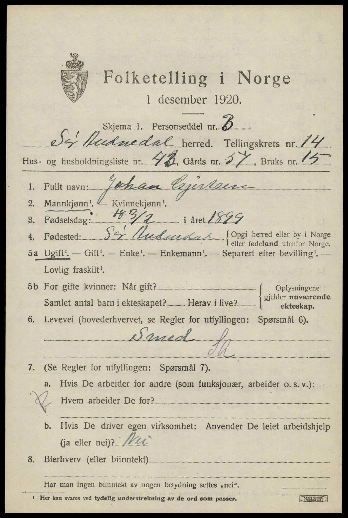 SAK, 1920 census for Sør-Audnedal, 1920, p. 5583
