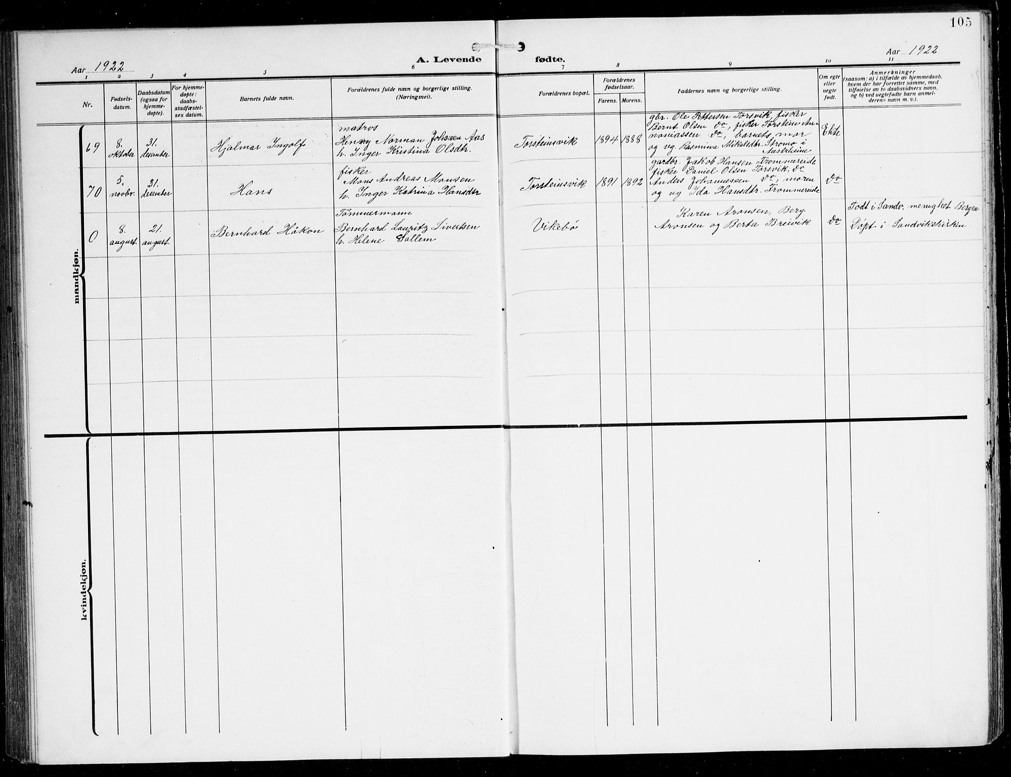 Herdla Sokneprestembete, SAB/A-75701/H/Hab: Parish register (copy) no. C 2, 1913-1926, p. 105