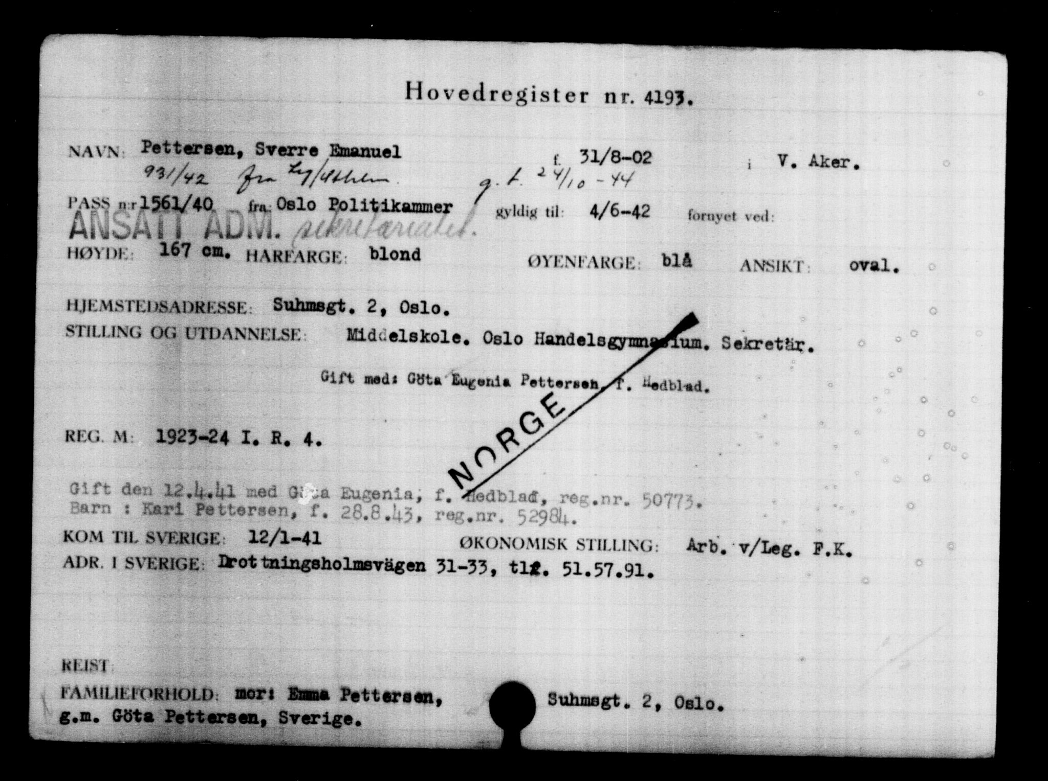 Utenriksstasjonene, Legasjonen i Stockholm, Flyktningkontoret, AV/RA-S-6753/V/Va/L0004: Kjesäterkartoteket, flyktninger med registreringsnr. 3496-6610, 1940-1945, p. 846