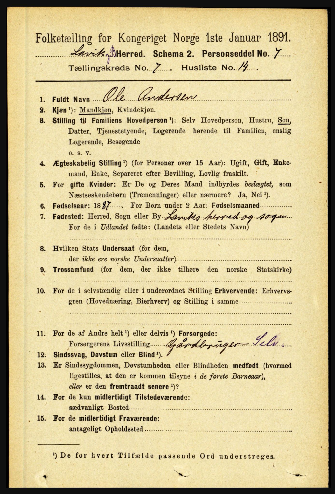 RA, 1891 census for 1415 Lavik og Brekke, 1891, p. 1448