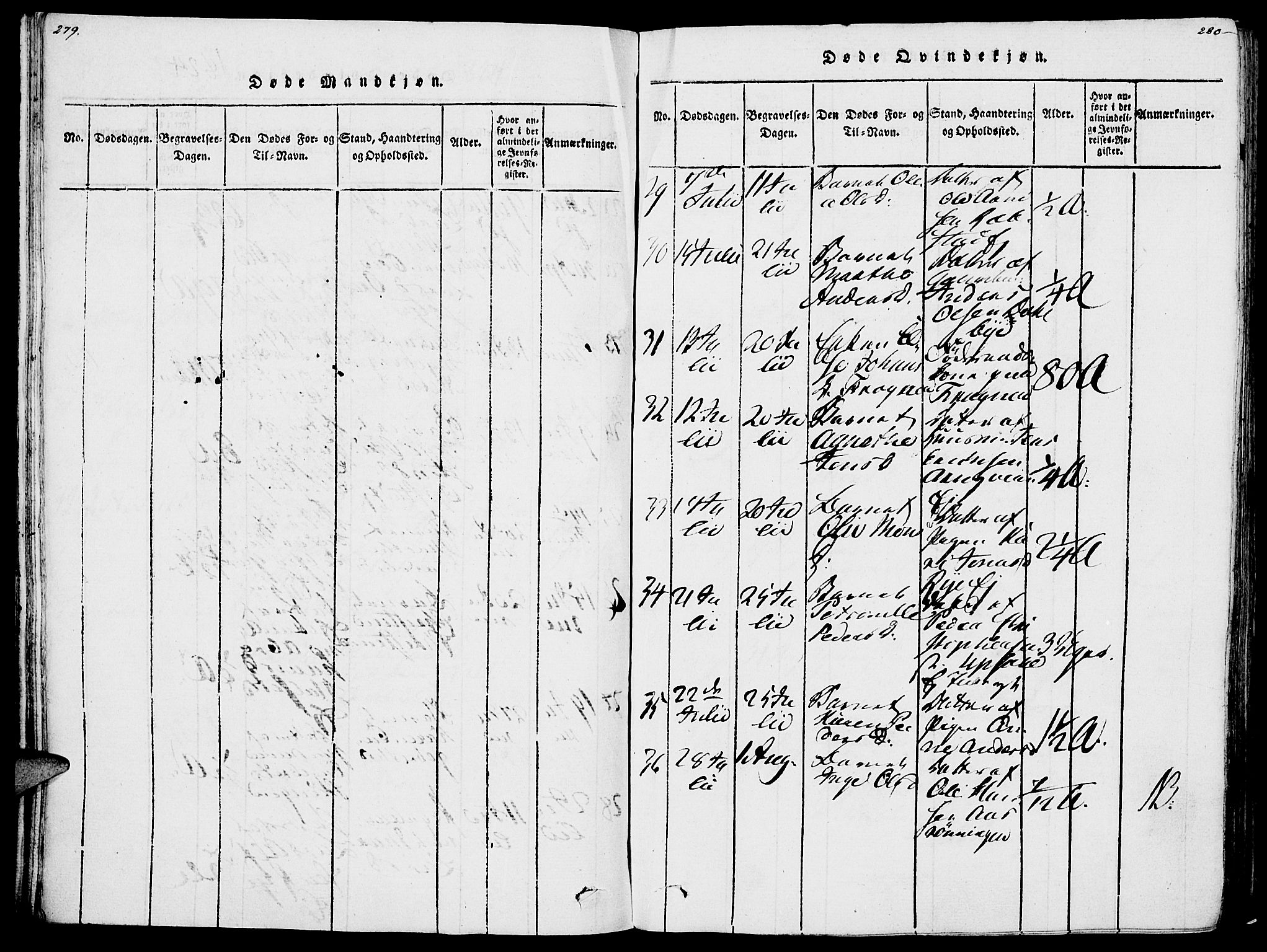 Vang prestekontor, Hedmark, SAH/PREST-008/H/Ha/Haa/L0007: Parish register (official) no. 7, 1813-1826, p. 279-280