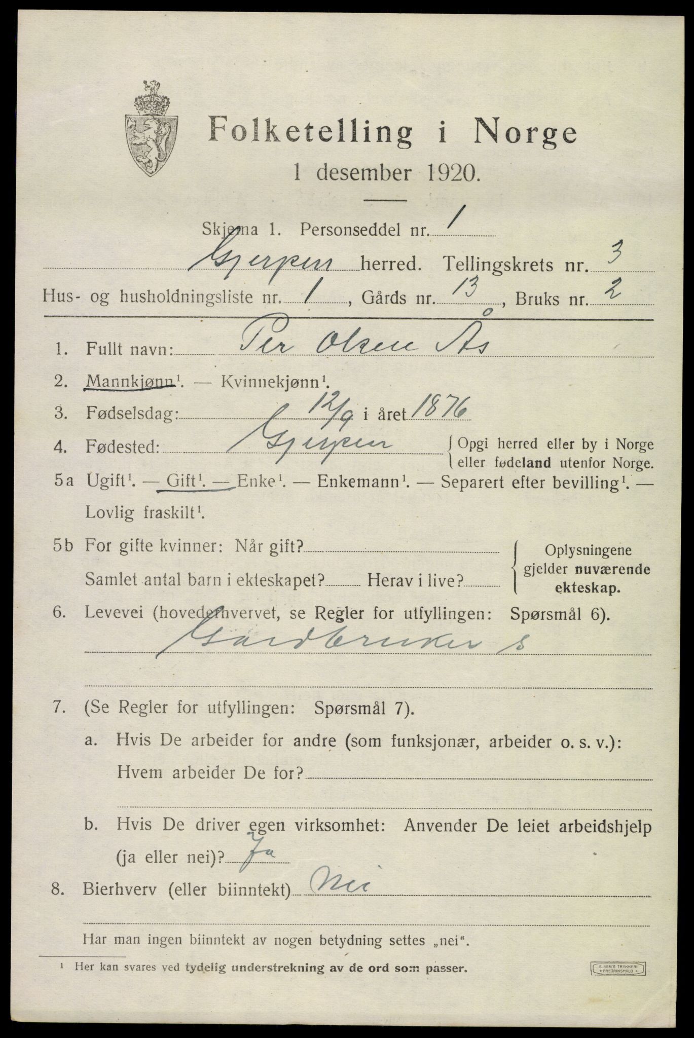 SAKO, 1920 census for Gjerpen, 1920, p. 5208