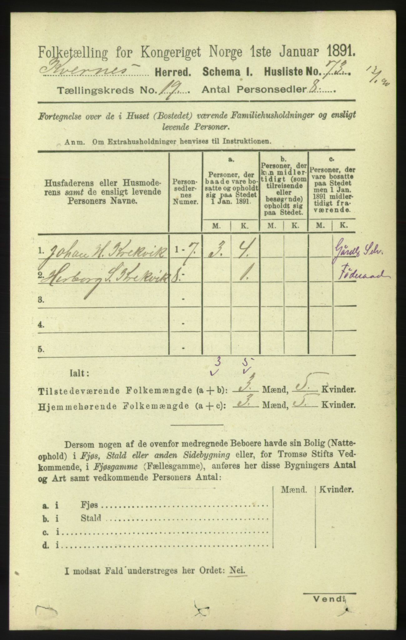 RA, 1891 census for 1553 Kvernes, 1891, p. 8450