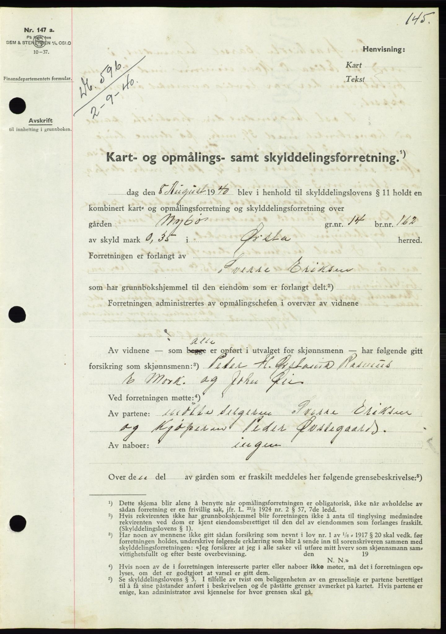 Søre Sunnmøre sorenskriveri, AV/SAT-A-4122/1/2/2C/L0070: Mortgage book no. 64, 1940-1941, Diary no: : 596/1940