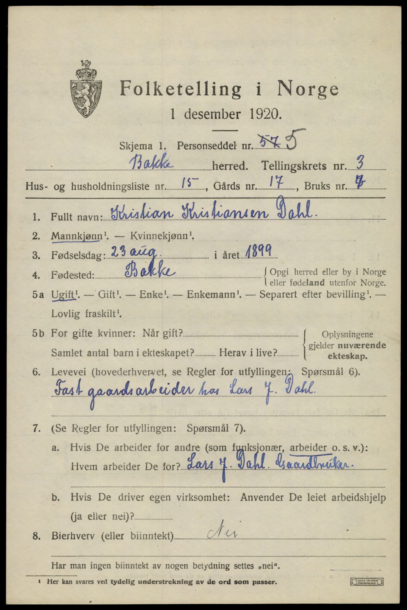 SAK, 1920 census for Bakke, 1920, p. 1094