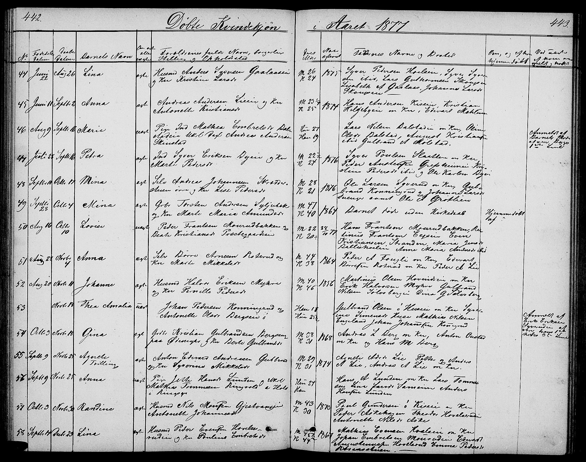 Nes prestekontor, Hedmark, AV/SAH-PREST-020/L/La/L0005: Parish register (copy) no. 5, 1852-1889, p. 442-443