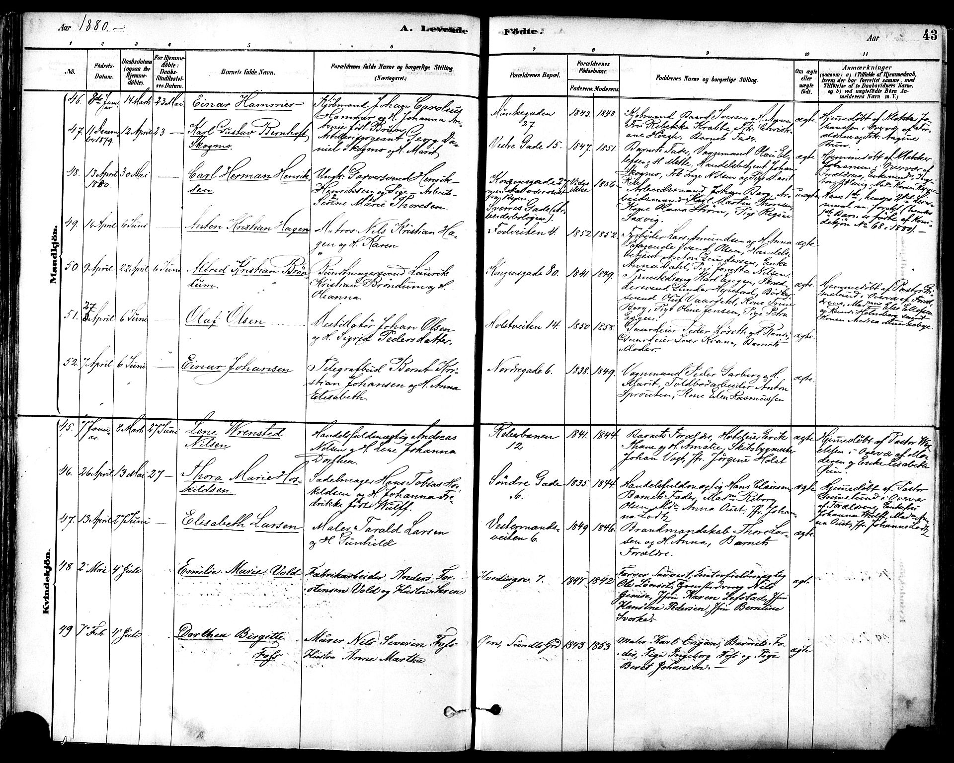 Ministerialprotokoller, klokkerbøker og fødselsregistre - Sør-Trøndelag, AV/SAT-A-1456/601/L0057: Parish register (official) no. 601A25, 1877-1891, p. 43