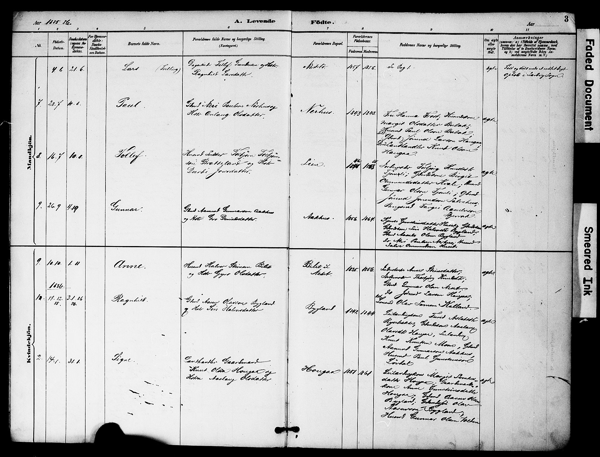 Bygland sokneprestkontor, AV/SAK-1111-0006/F/Fa/Fab/L0007: Parish register (official) no. A 7, 1885-1909, p. 3