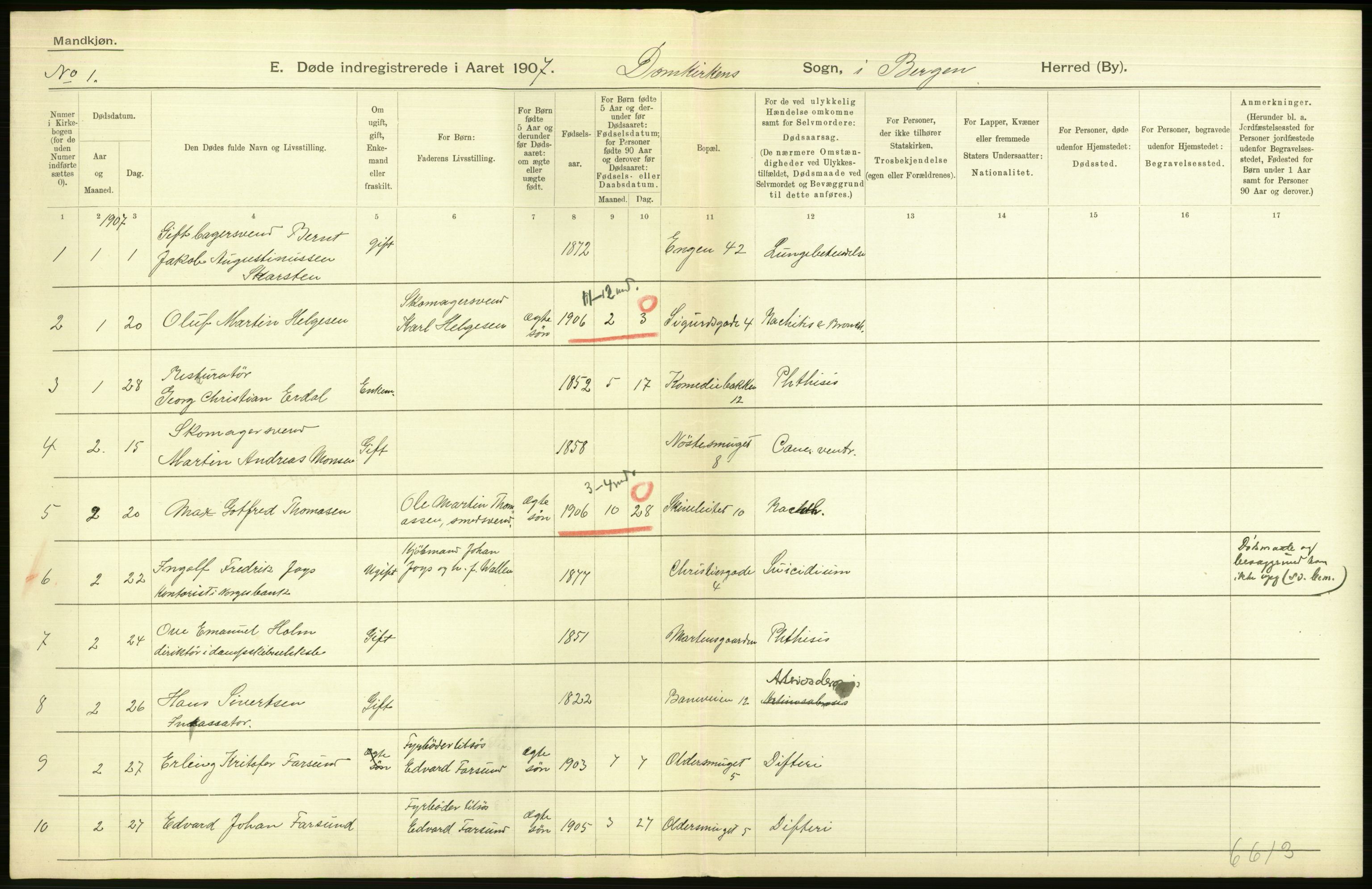 Statistisk sentralbyrå, Sosiodemografiske emner, Befolkning, RA/S-2228/D/Df/Dfa/Dfae/L0031: Bergen: gifte, døde, dødfødte., 1907, p. 298