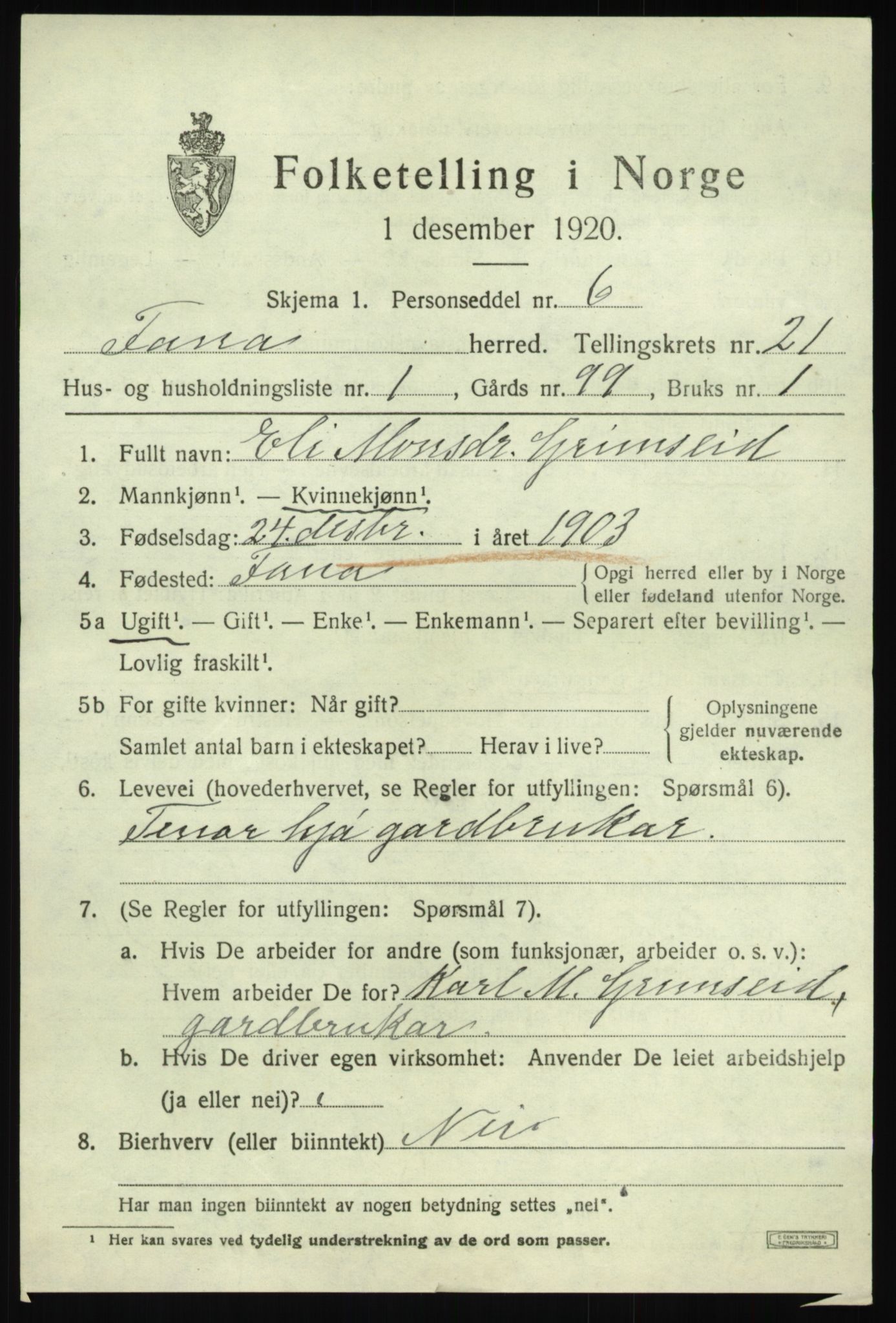 SAB, 1920 census for Fana, 1920, p. 24725